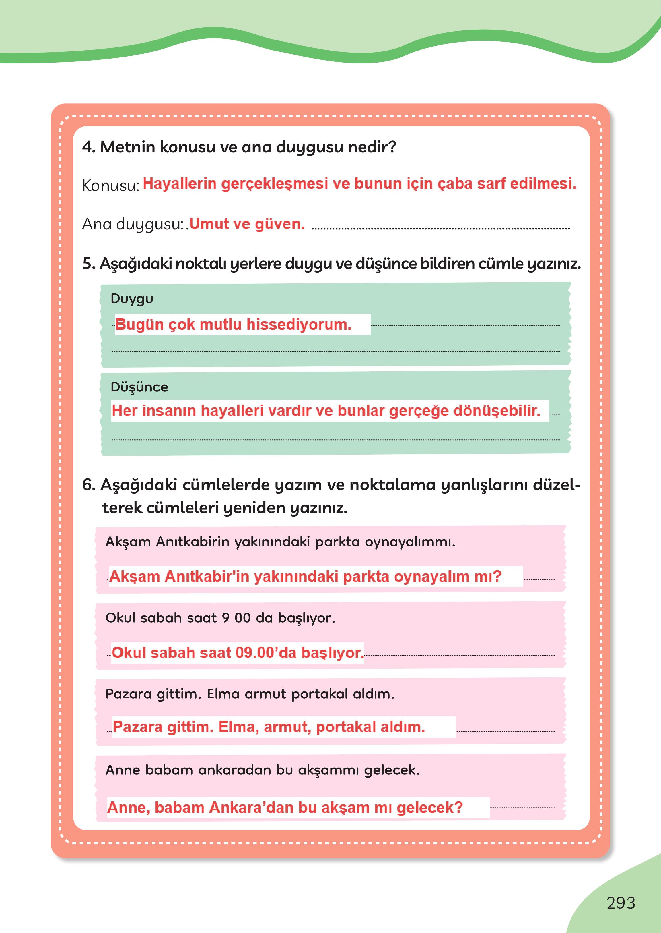 3. Sınıf Meb Yayınları Türkçe Ders Kitabı Sayfa 293 Cevapları