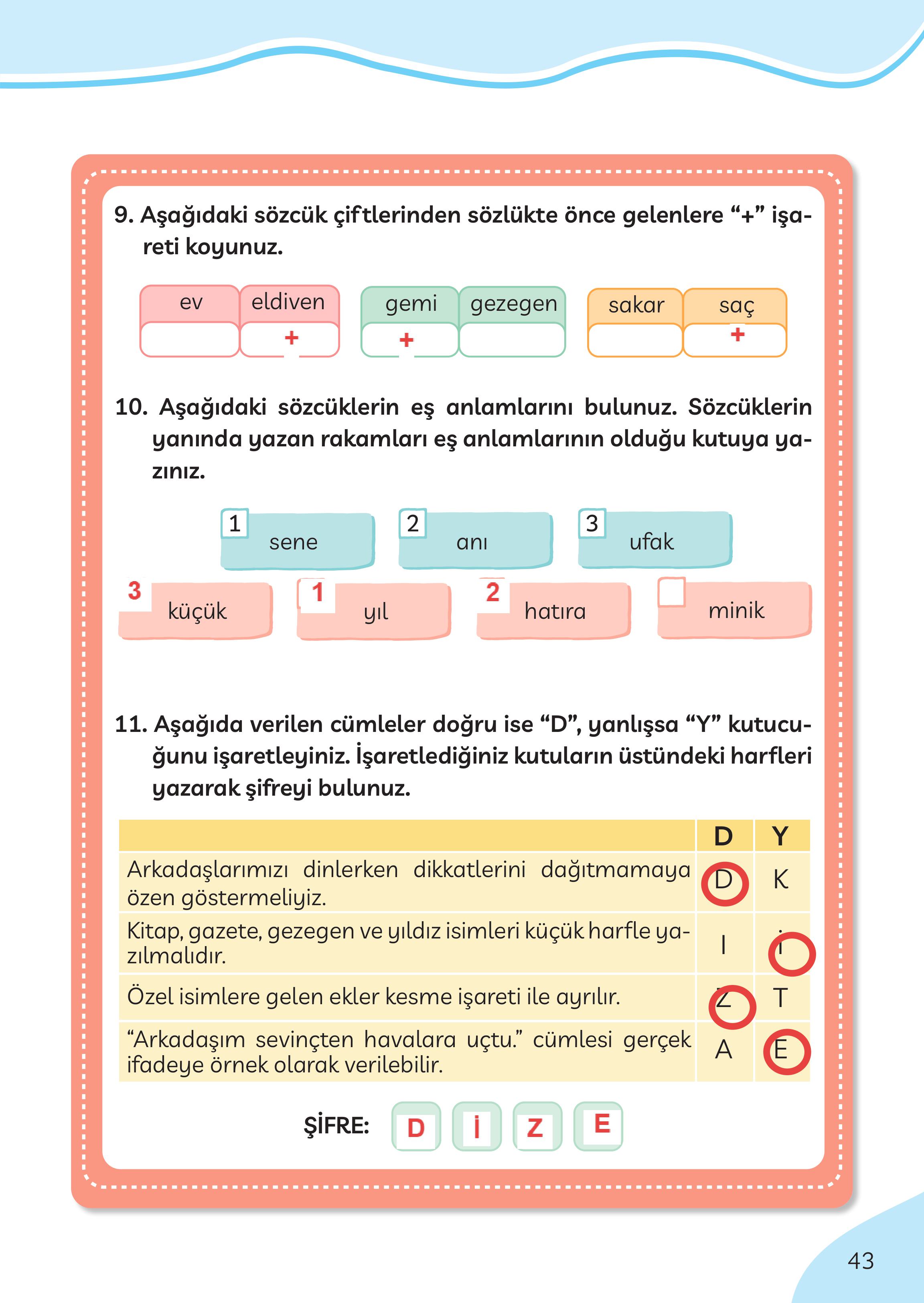 3. Sınıf Meb Yayınları Türkçe Ders Kitabı Sayfa 43 Cevapları