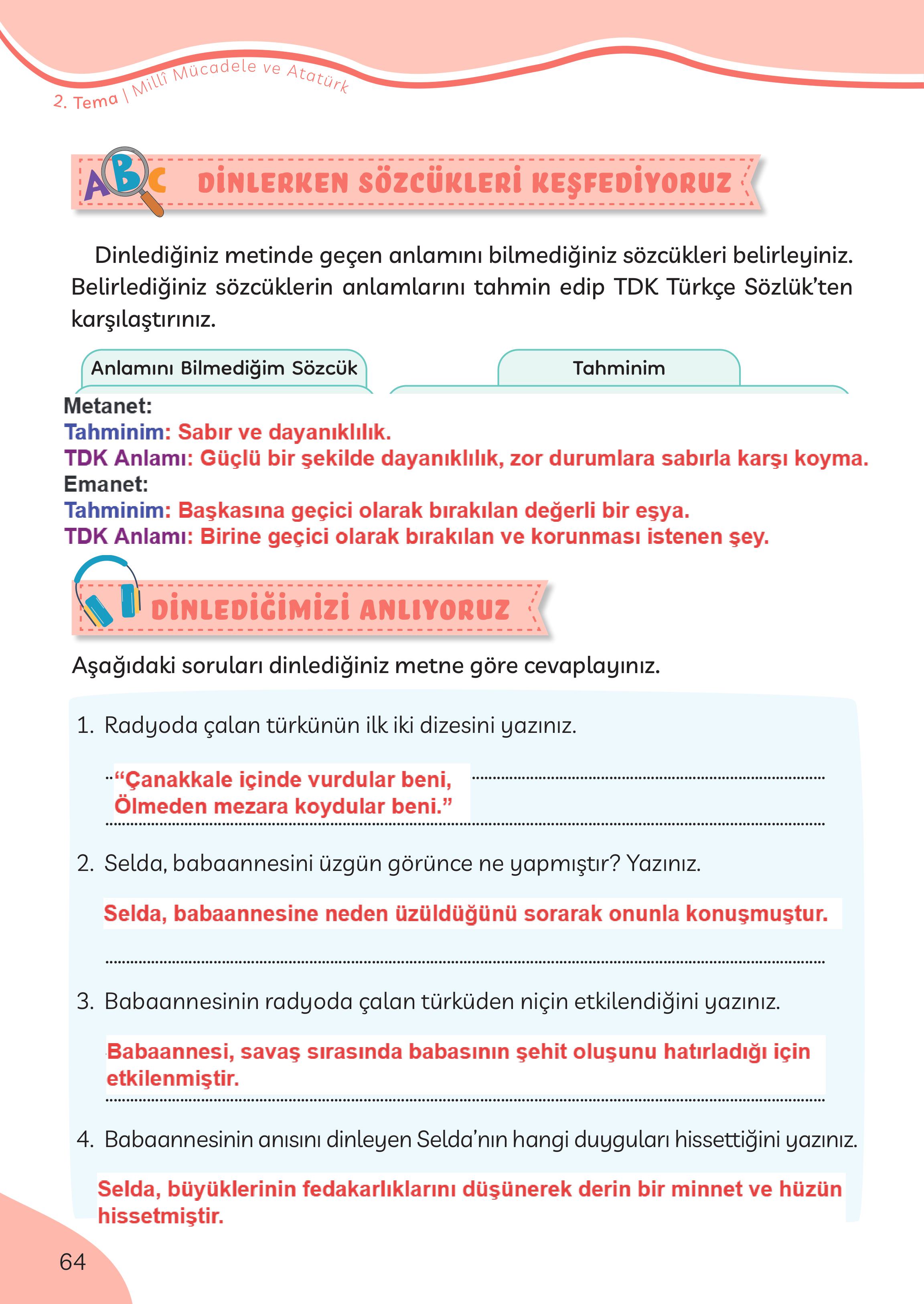 3. Sınıf Meb Yayınları Türkçe Ders Kitabı Sayfa 64 Cevapları 3. Sınıf Meb Yayınları Türkçe Ders Kitabı Sayfa 64 Cevapları