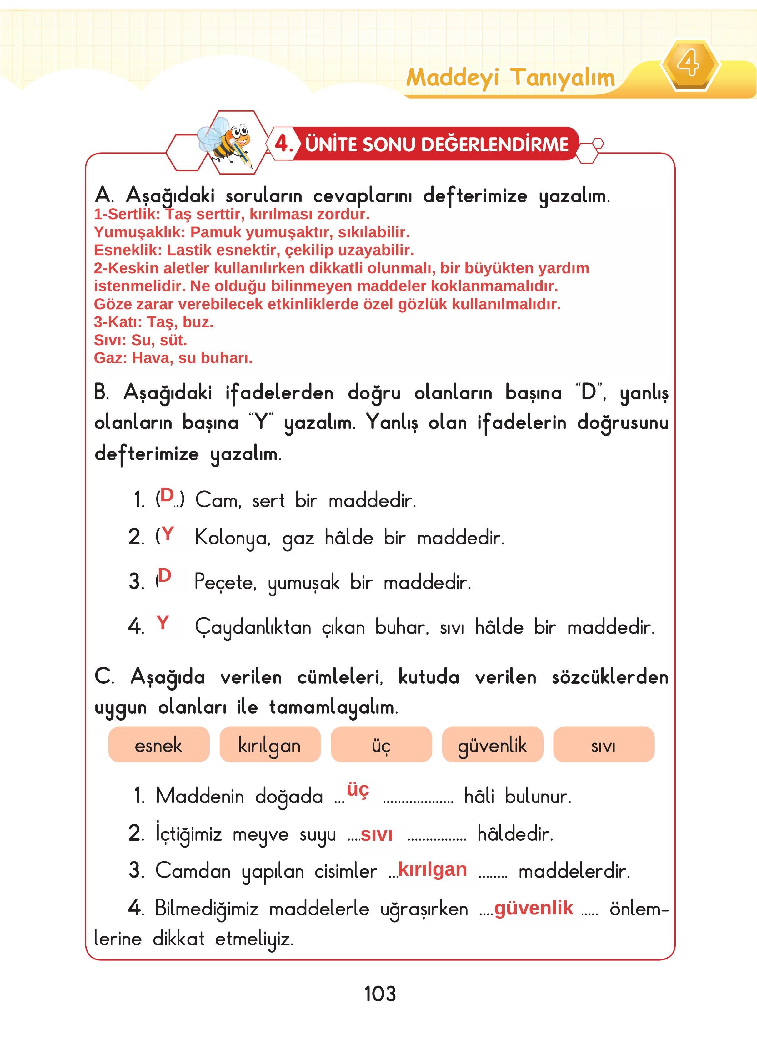 3. Sınıf Sdr Dikey Yayıncılık Fen Bilimleri Ders Kitabı Sayfa 103 Cevapları