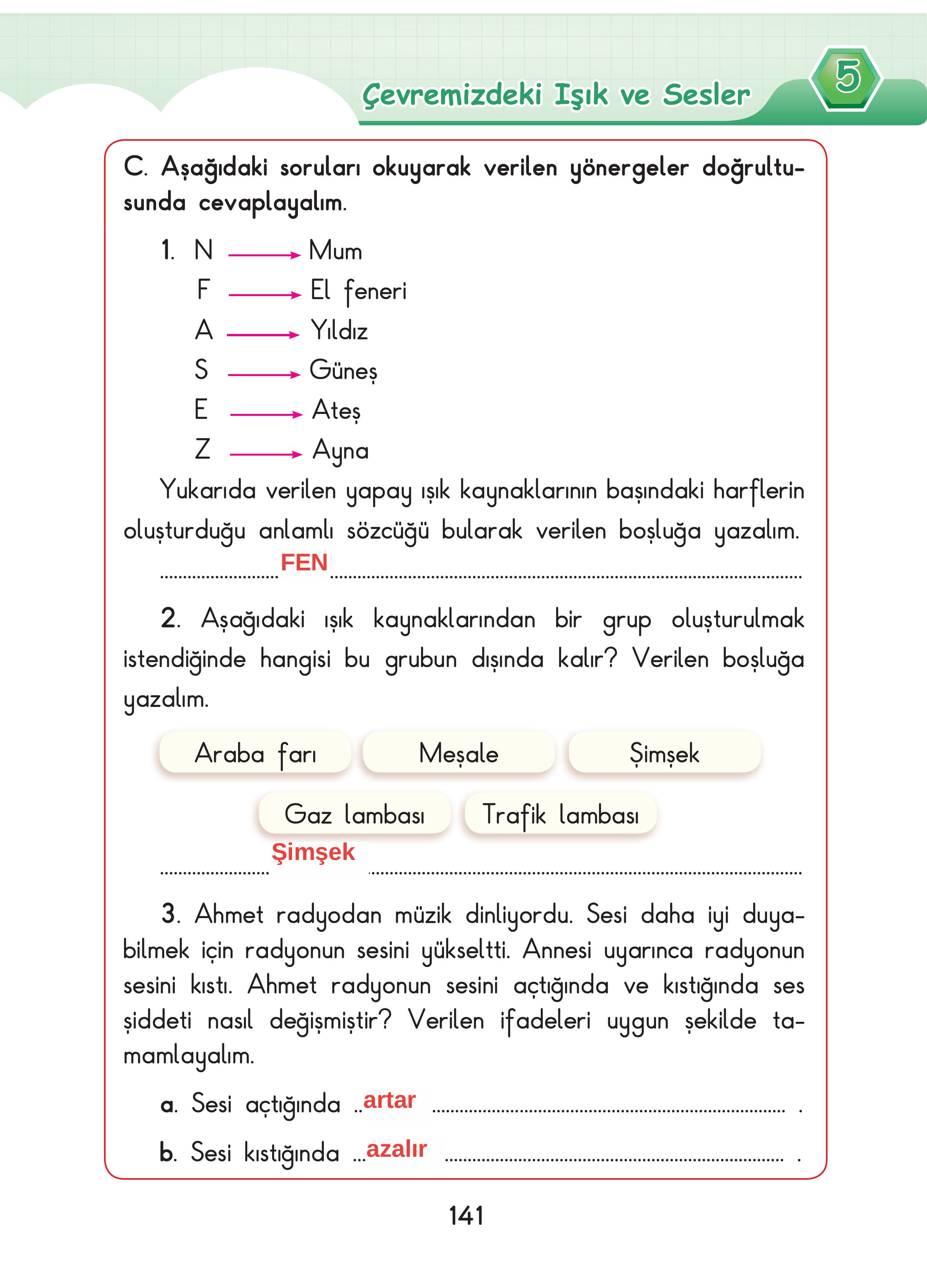 3. Sınıf Sdr Dikey Yayıncılık Fen Bilimleri Ders Kitabı Sayfa 141 Cevapları