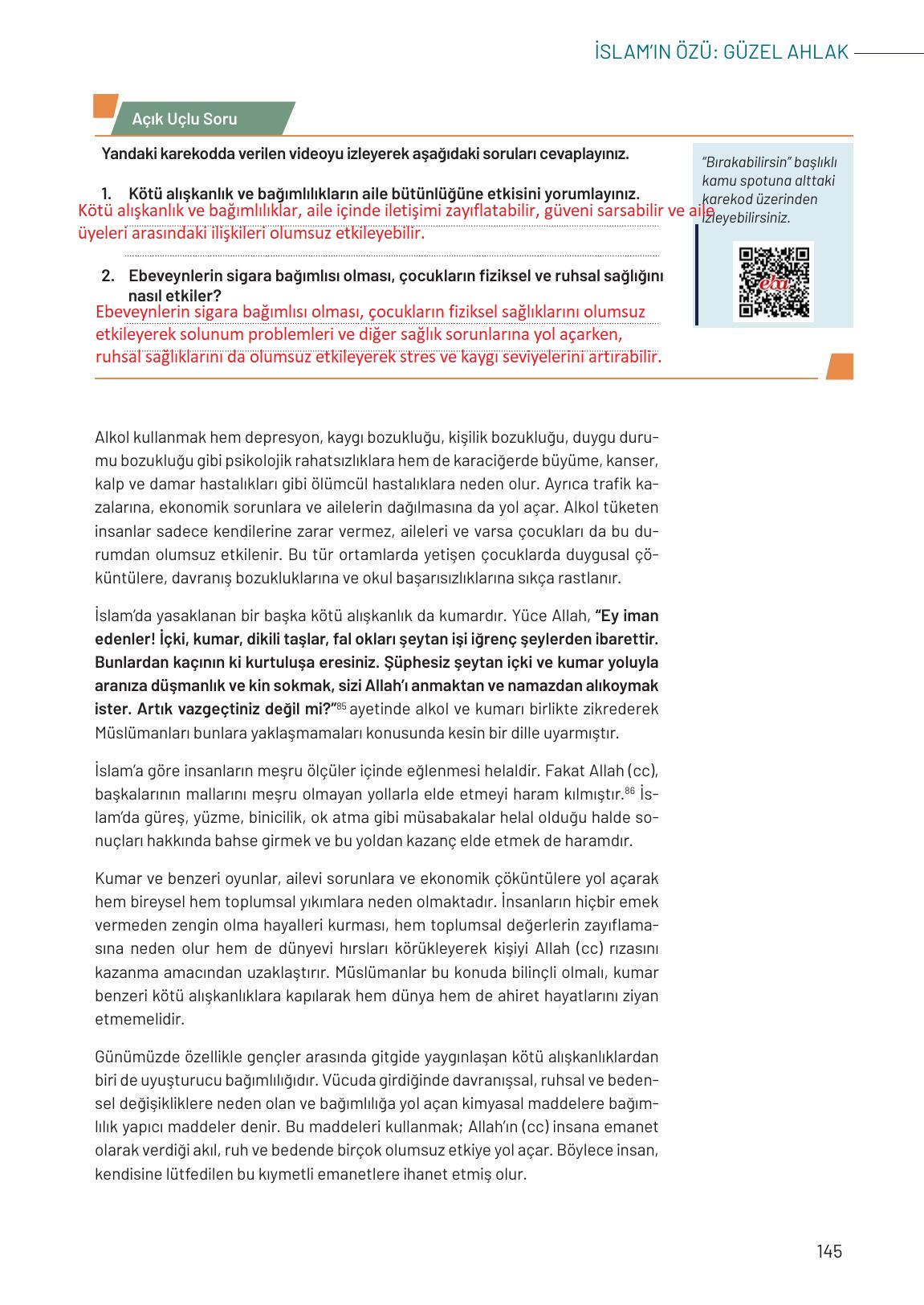 9. Sınıf Meb Yayınları Temel Dini Bilgiler Ders Kitabı Sayfa 145 Cevapları