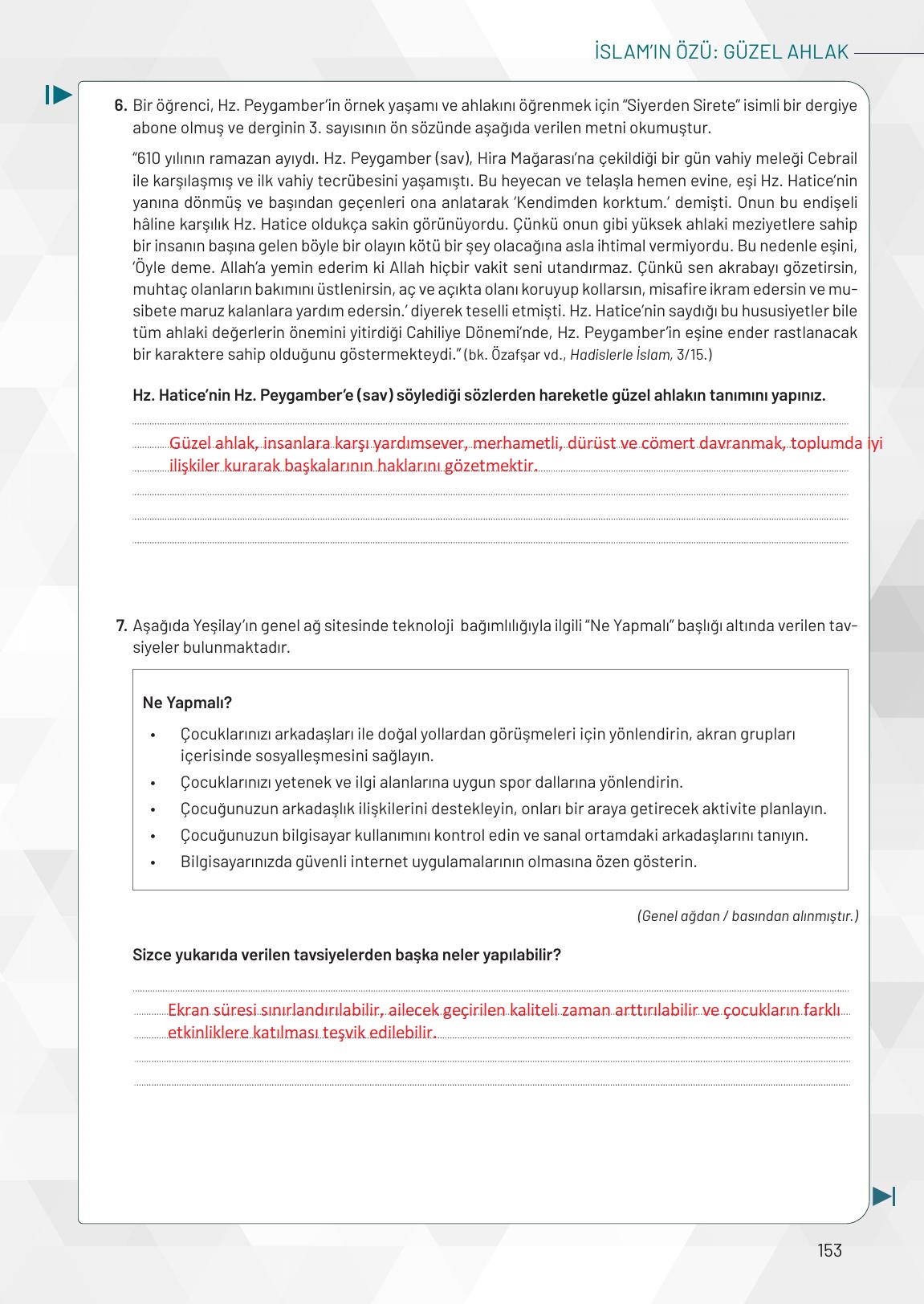 9. Sınıf Meb Yayınları Temel Dini Bilgiler Ders Kitabı Sayfa 153 Cevapları