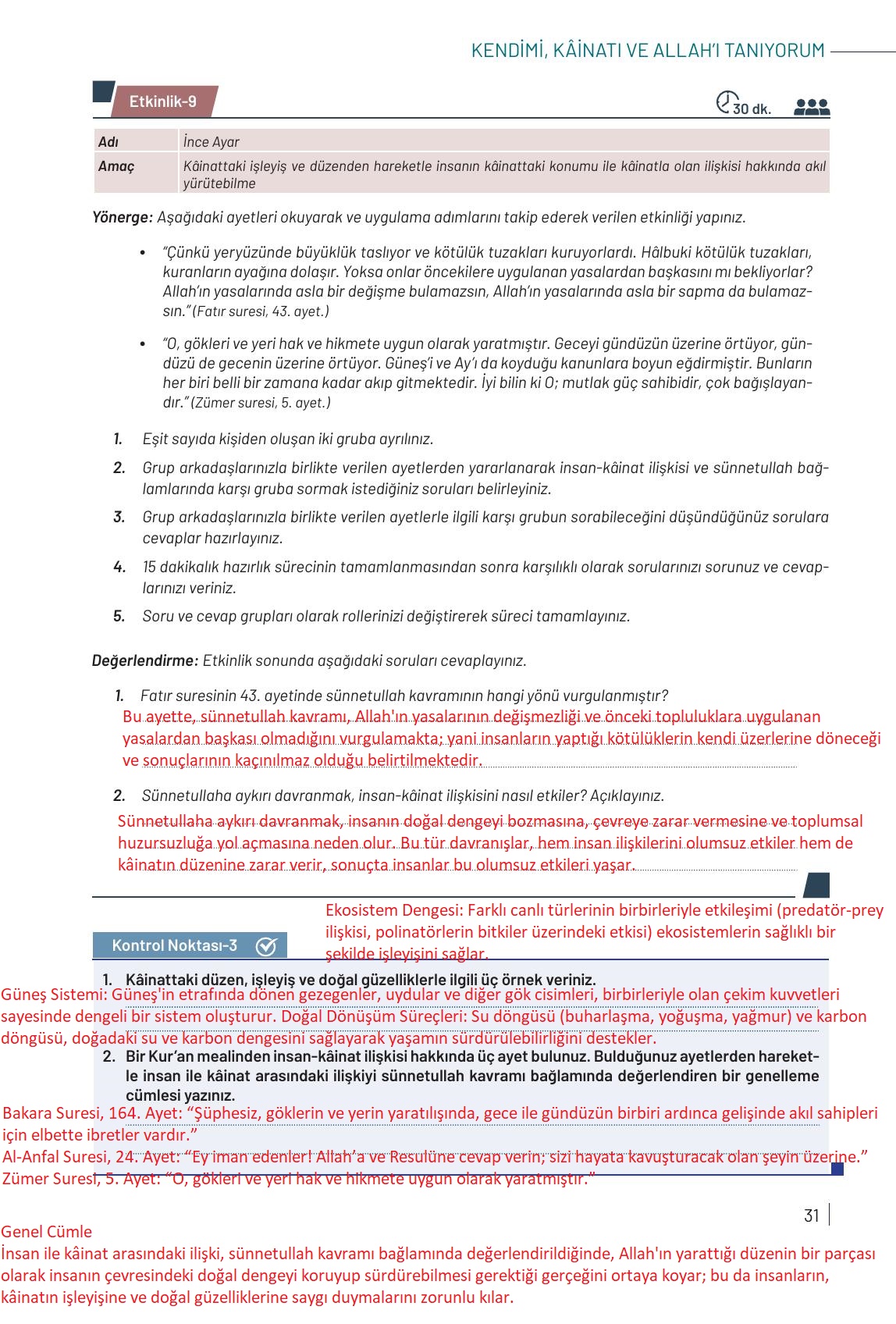 9. Sınıf Meb Yayınları Temel Dini Bilgiler Ders Kitabı Sayfa 31 Cevapları