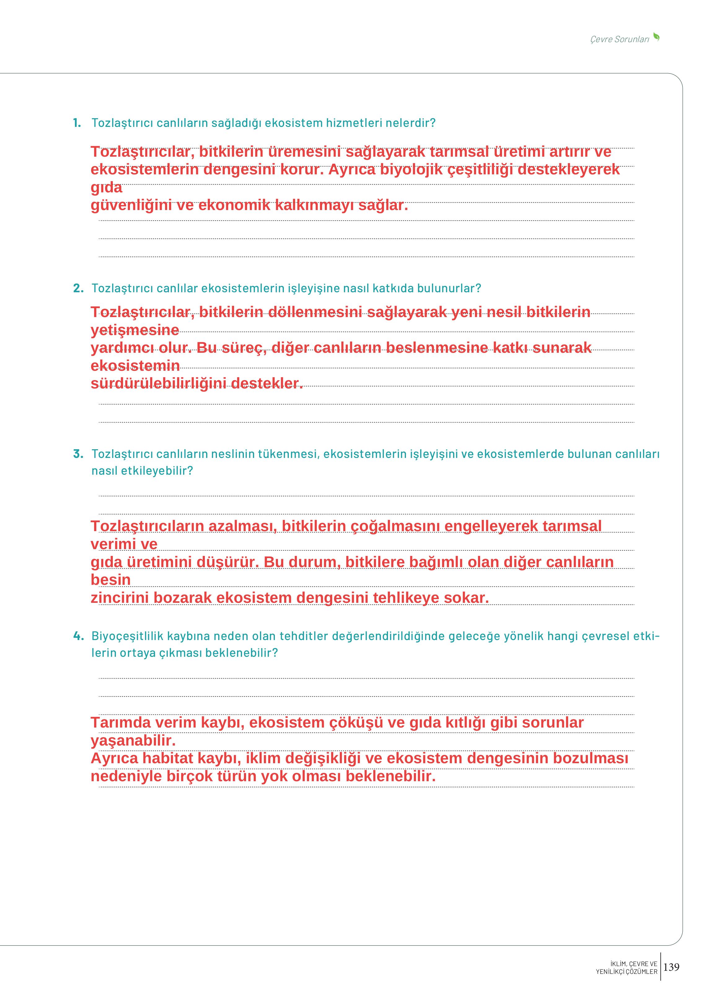 10. Sınıf Meb Yayınları İklim Çevre Ve Yenilikçi Çözümler Ders Kitabı Sayfa 139 Cevapları