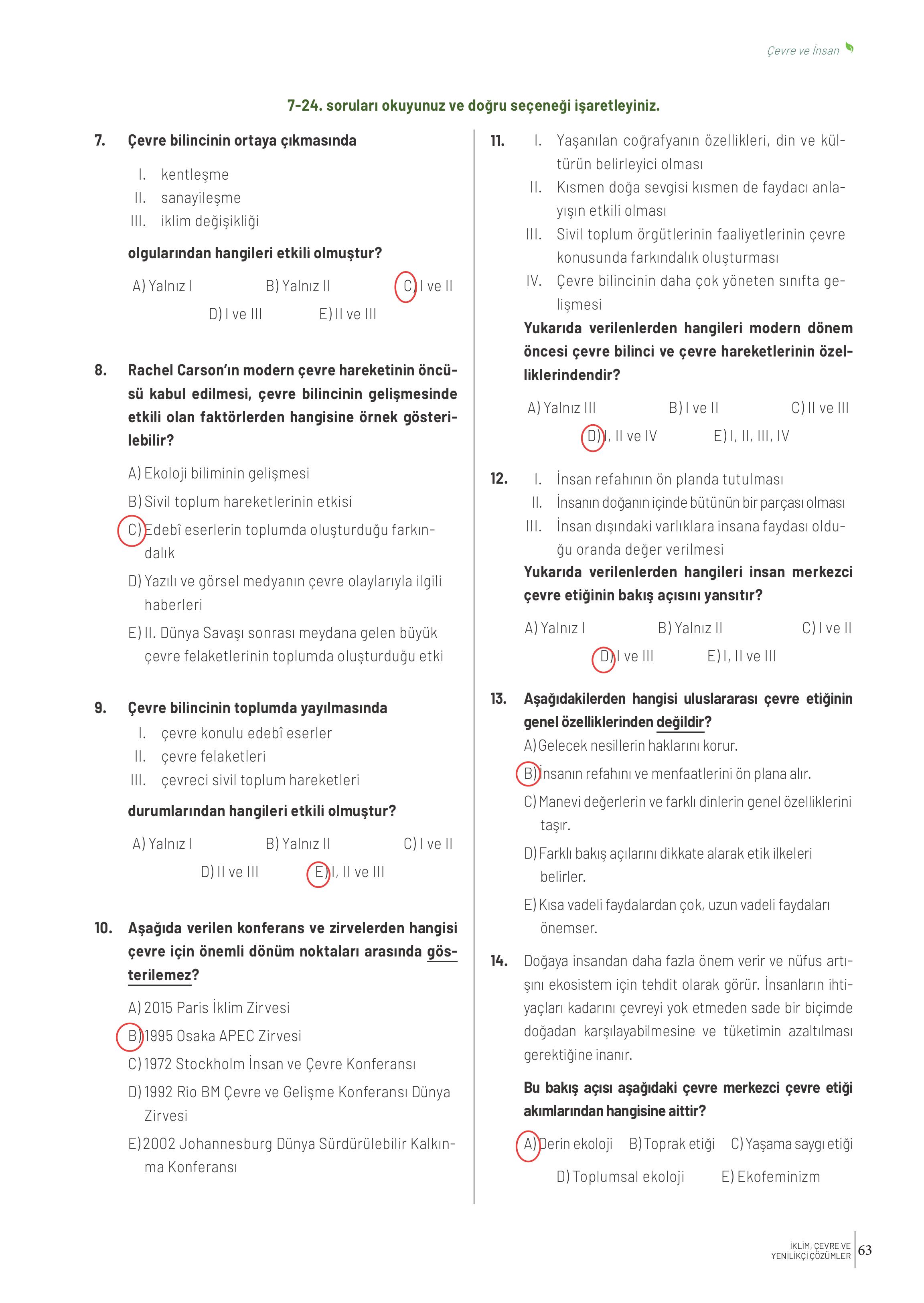 10. Sınıf Meb Yayınları İklim Çevre Ve Yenilikçi Çözümler Ders Kitabı Sayfa 63 Cevapları