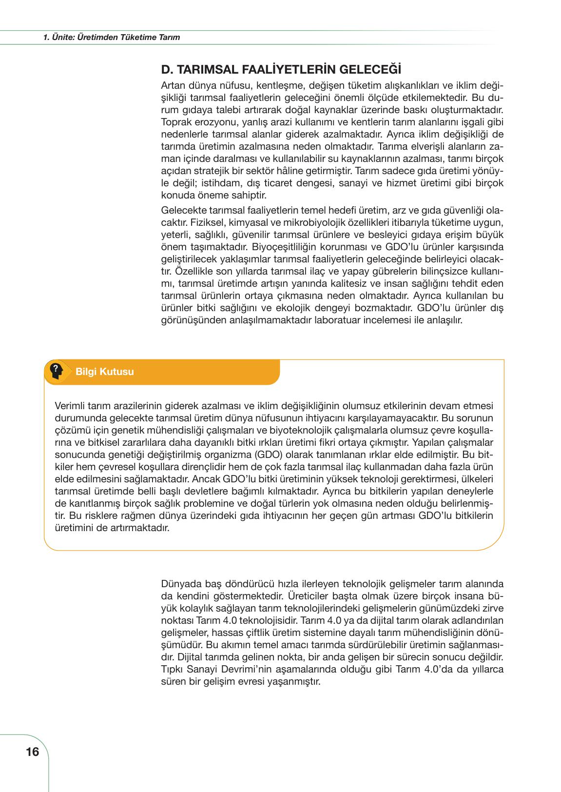 10. Sınıf Meb Yayınları Sürdürülebilir Tarım Ve Gıda Güvenliği Ders Kitabı Sayfa 16 Cevapları