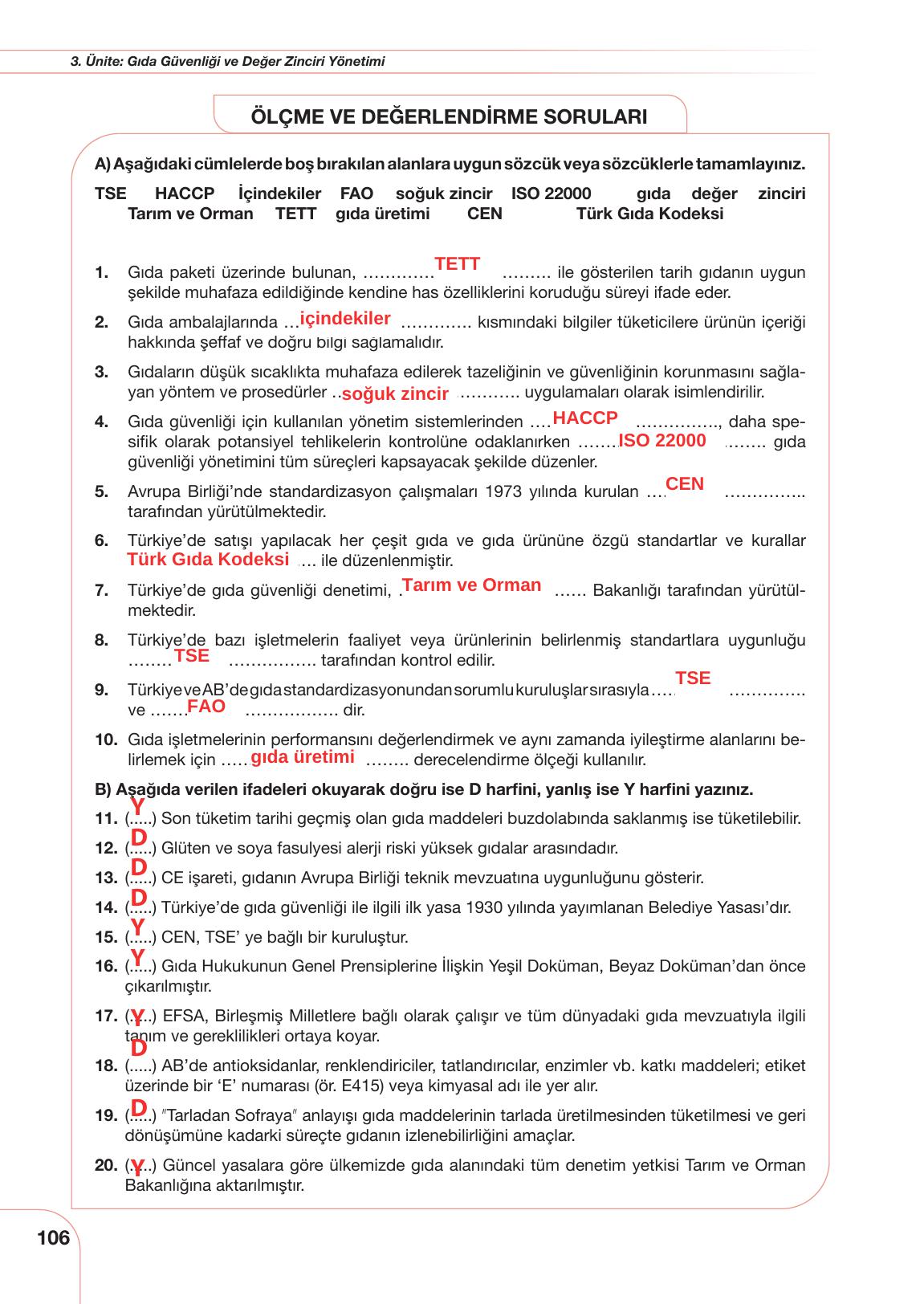 10. Sınıf Meb Yayınları Tarım Ve Gıda Güvenliği Ders Kitabı Sayfa 106 Cevapları