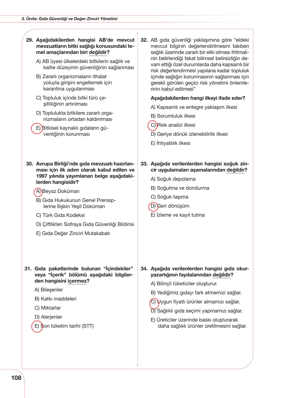 10. Sınıf Meb Yayınları Tarım Ve Gıda Güvenliği Ders Kitabı Sayfa 108 Cevapları