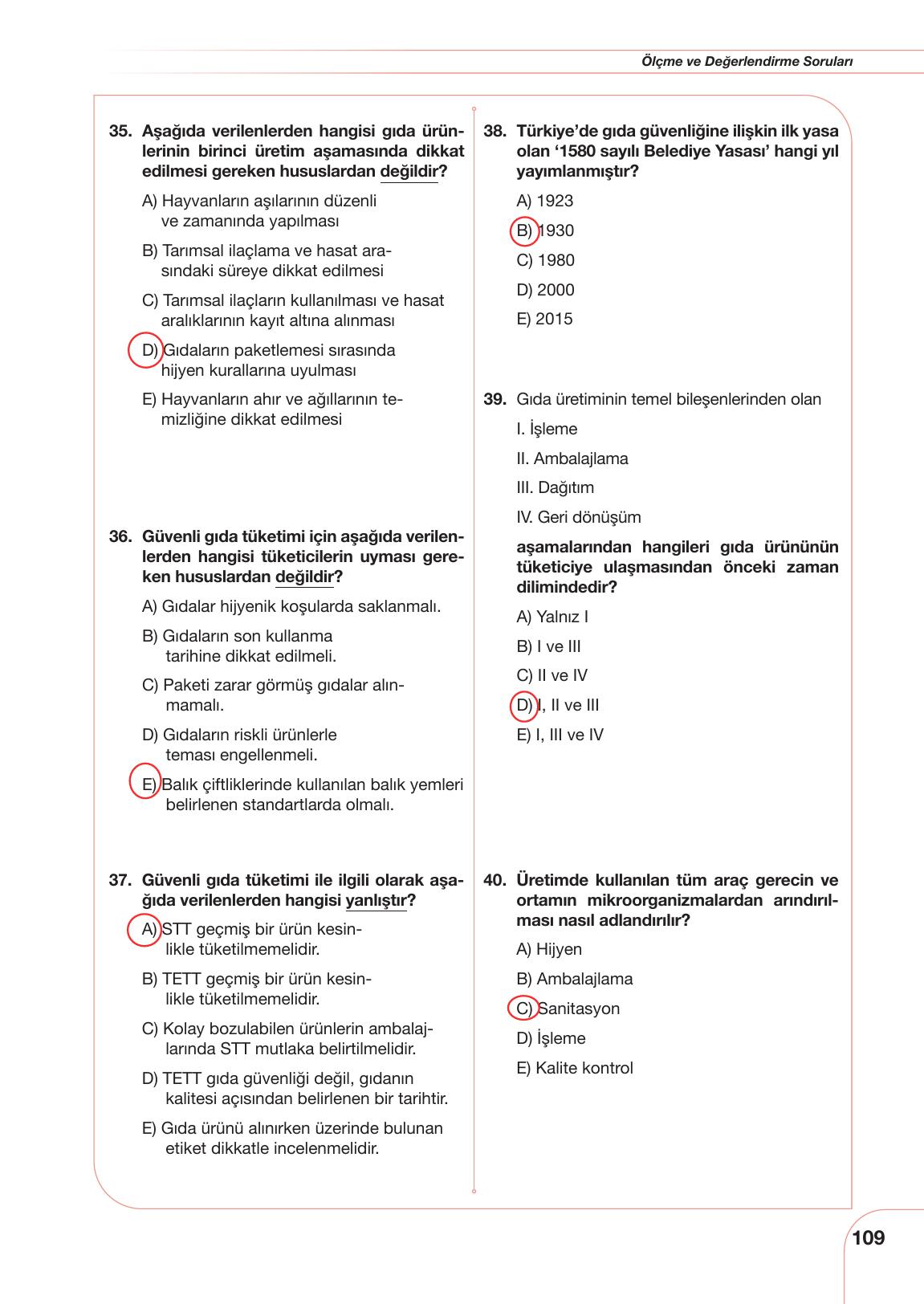 10. Sınıf Meb Yayınları Tarım Ve Gıda Güvenliği Ders Kitabı Sayfa 109 Cevapları