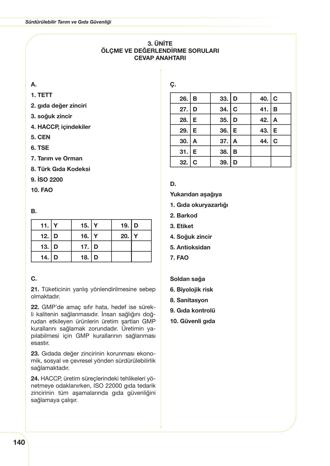 10. Sınıf Meb Yayınları Tarım Ve Gıda Güvenliği Ders Kitabı Sayfa 140 Cevapları