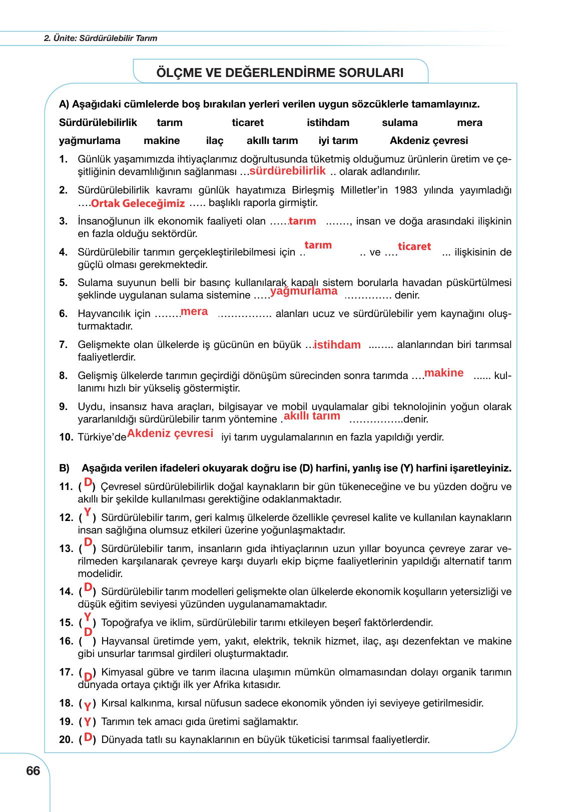 10. Sınıf Meb Yayınları Tarım Ve Gıda Güvenliği Ders Kitabı Sayfa 66 Cevapları
