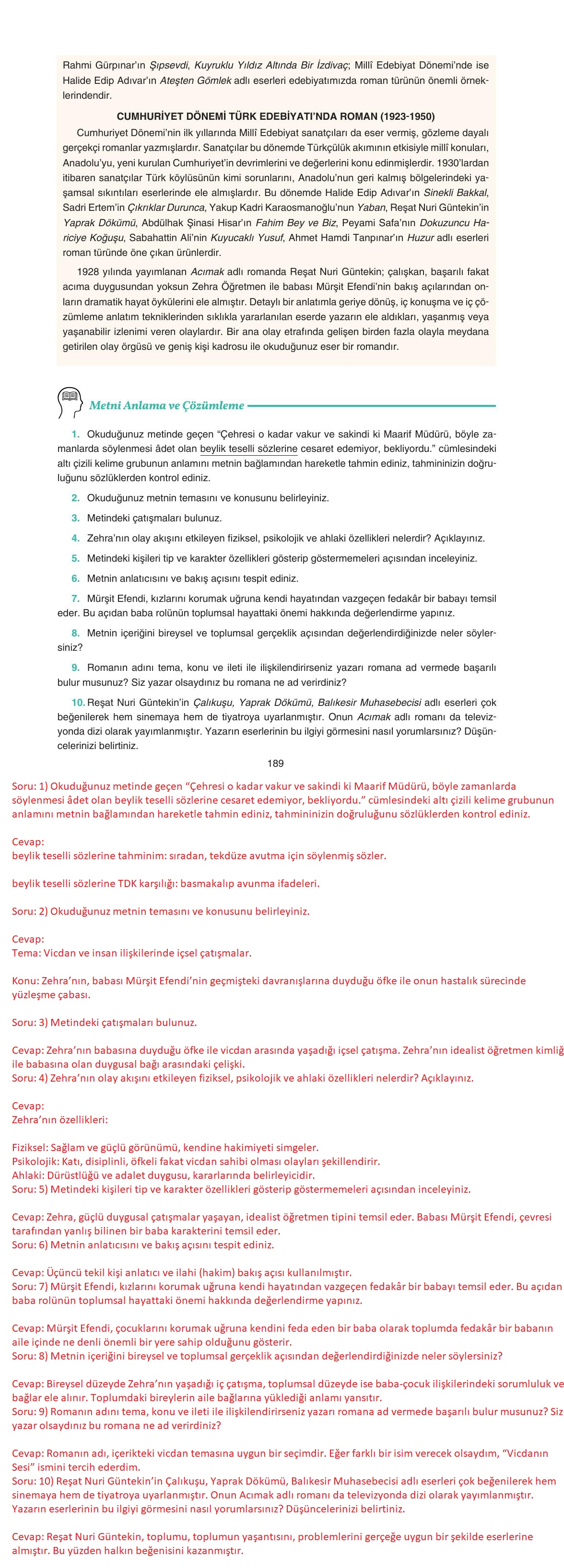 11. Sınıf Gizem Yayınları Türk Dili Ve Edebiyatı Ders Kitabı Sayfa 189 Cevapları