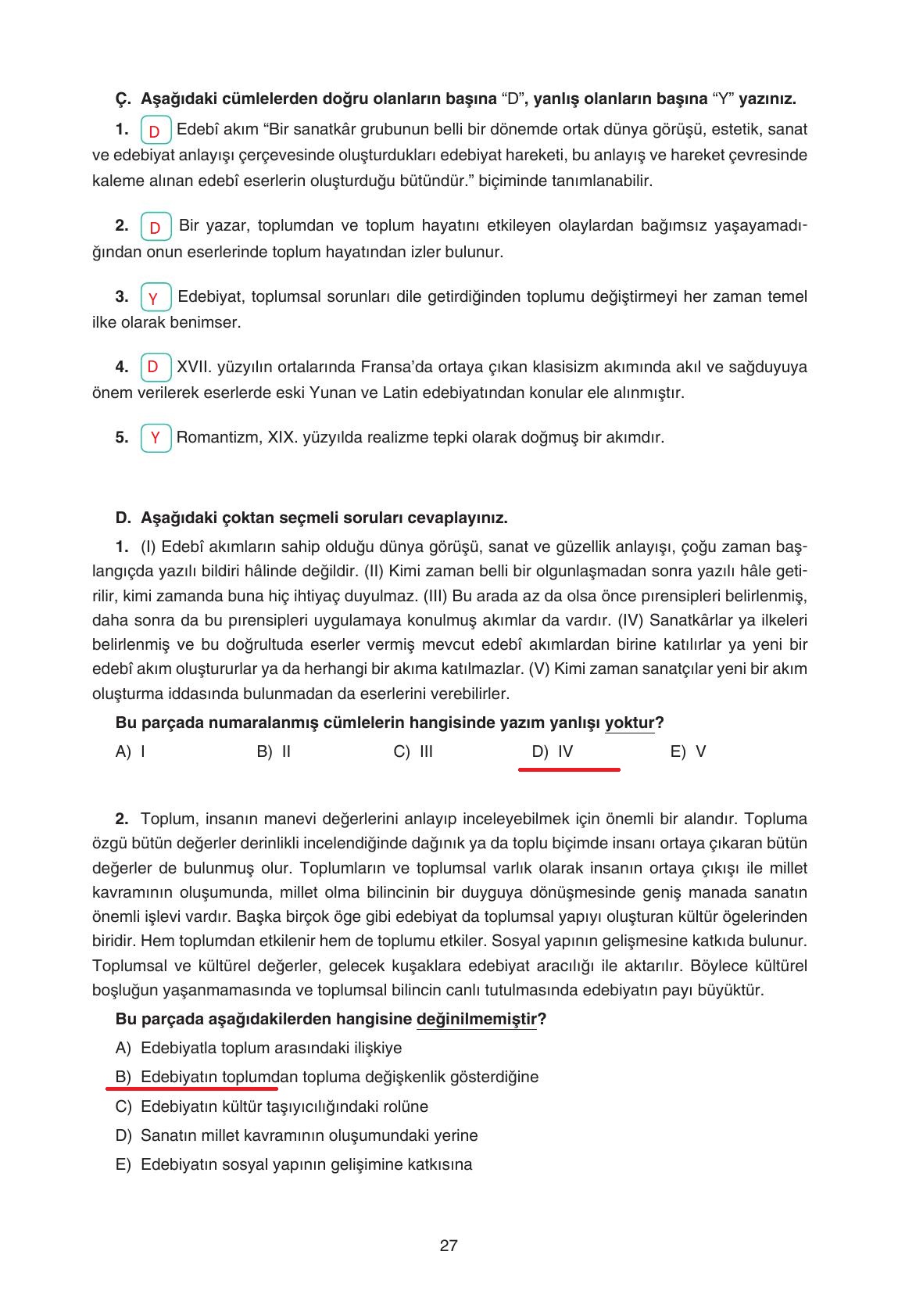 11. Sınıf Gizem Yayınları Türk Dili Ve Edebiyatı Ders Kitabı Sayfa 27 Cevapları
