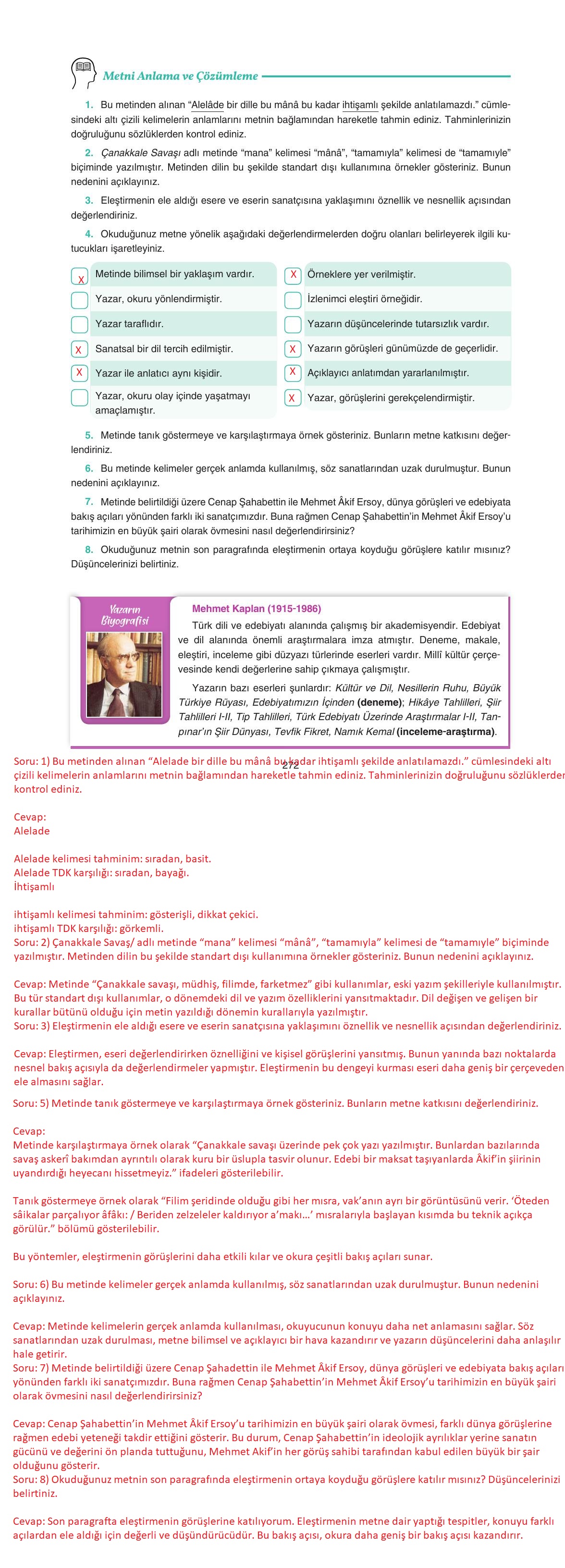11. Sınıf Gizem Yayınları Türk Dili Ve Edebiyatı Ders Kitabı Sayfa 272 Cevapları
