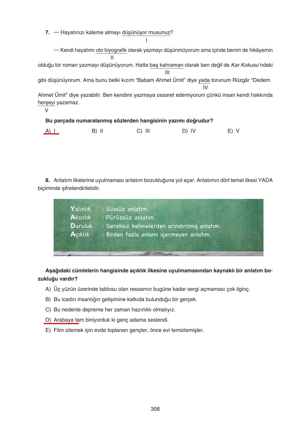 11. Sınıf Gizem Yayınları Türk Dili Ve Edebiyatı Ders Kitabı Sayfa 308 Cevapları
