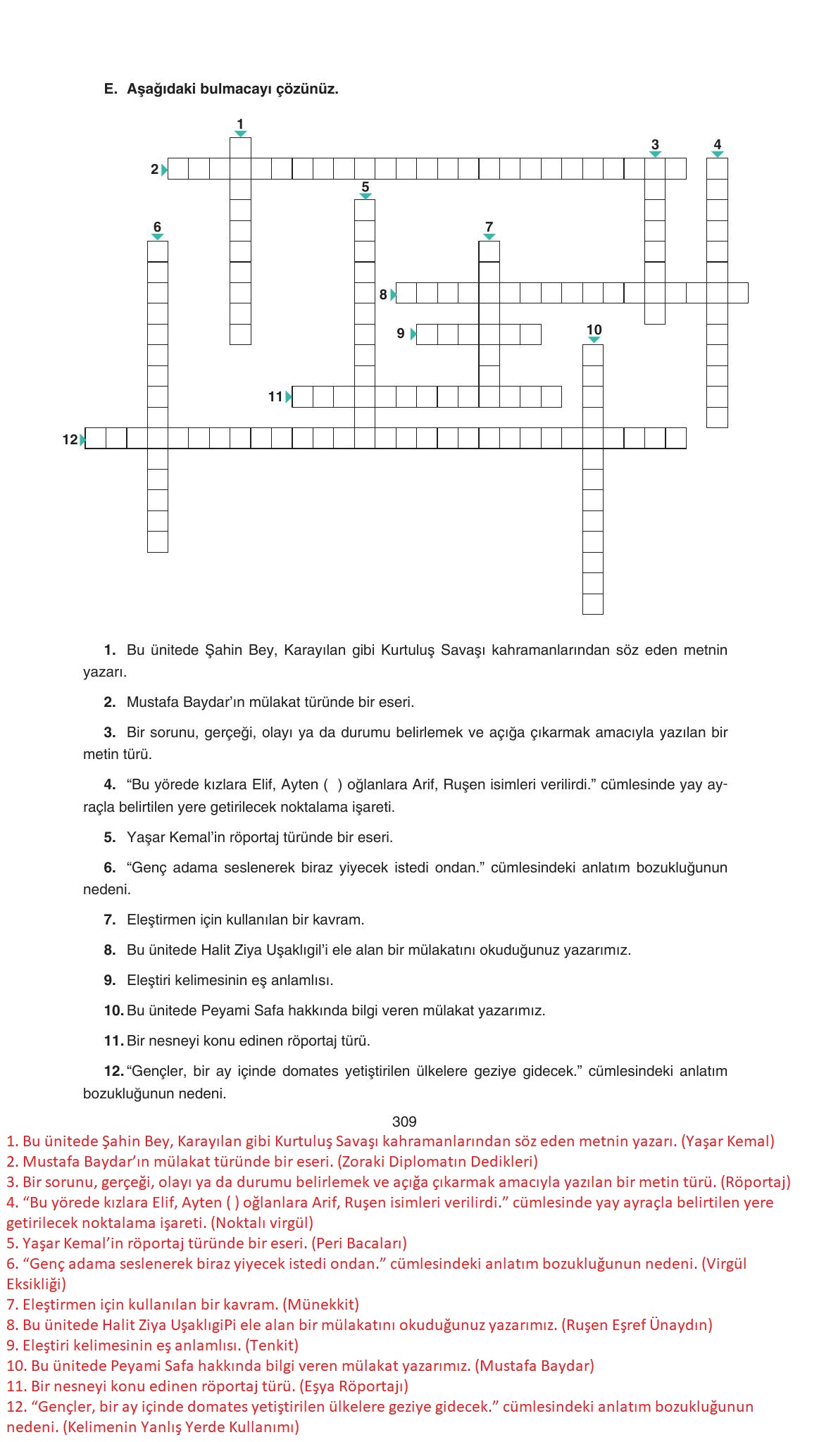 11. Sınıf Gizem Yayınları Türk Dili Ve Edebiyatı Ders Kitabı Sayfa 309 Cevapları