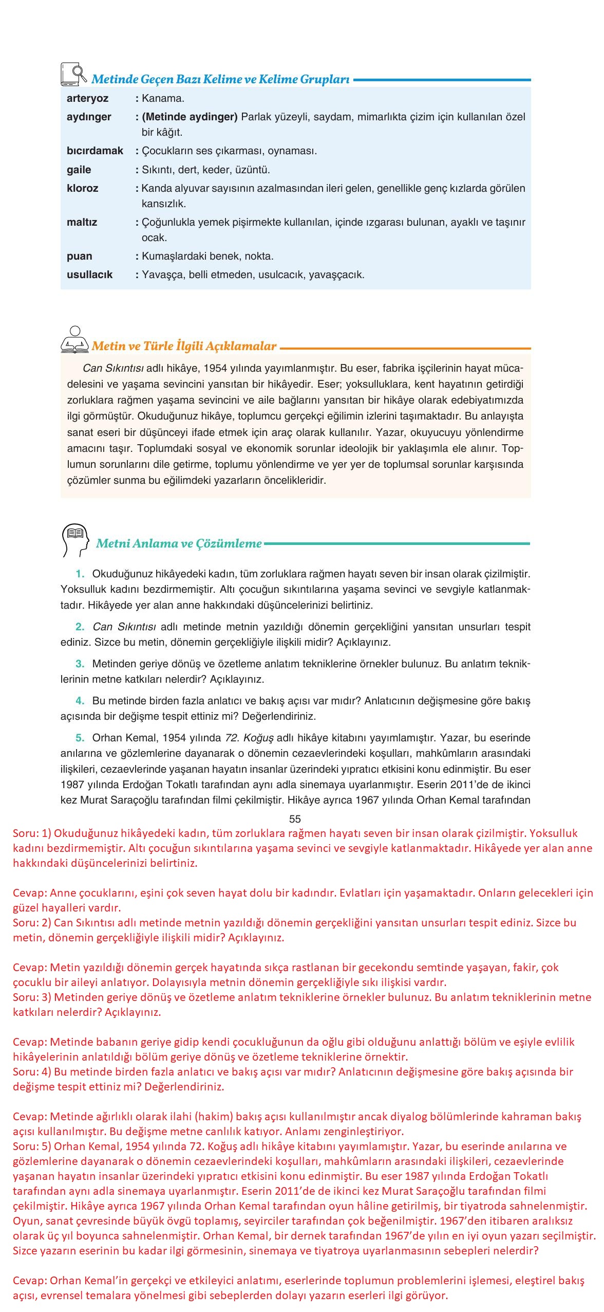 11. Sınıf Gizem Yayınları Türk Dili Ve Edebiyatı Ders Kitabı Sayfa 55 Cevapları