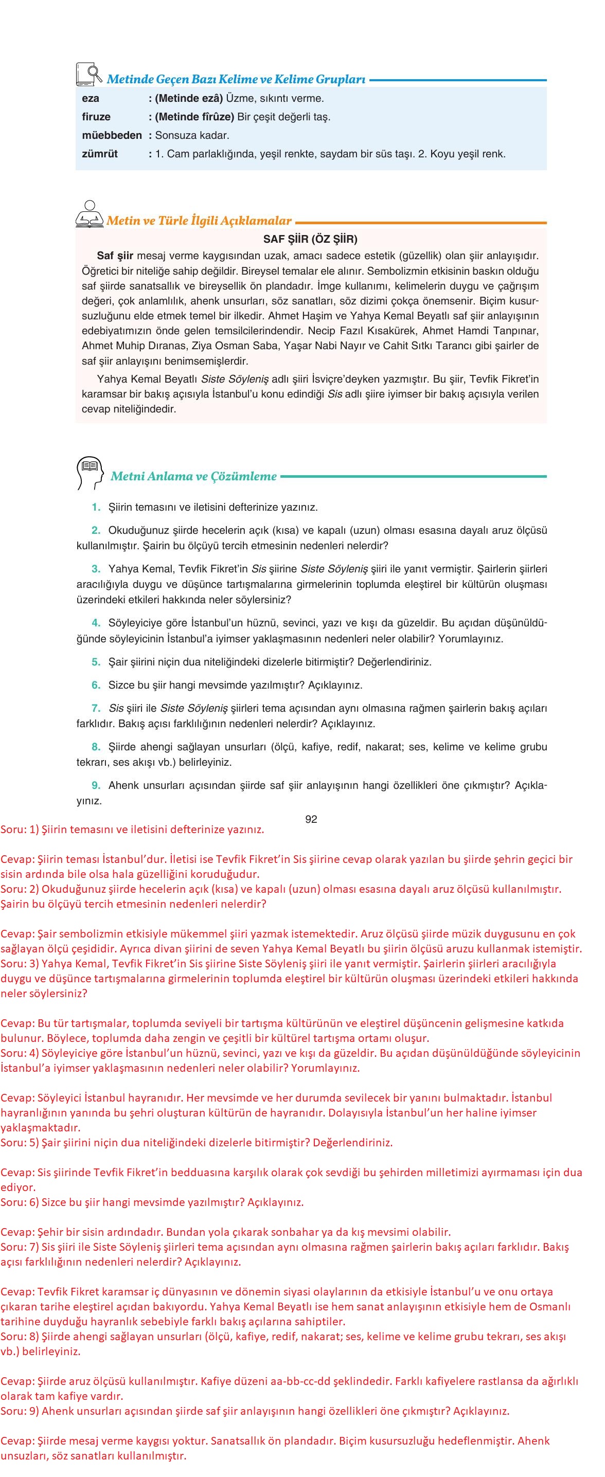 11. Sınıf Gizem Yayınları Türk Dili Ve Edebiyatı Ders Kitabı Sayfa 92 Cevapları