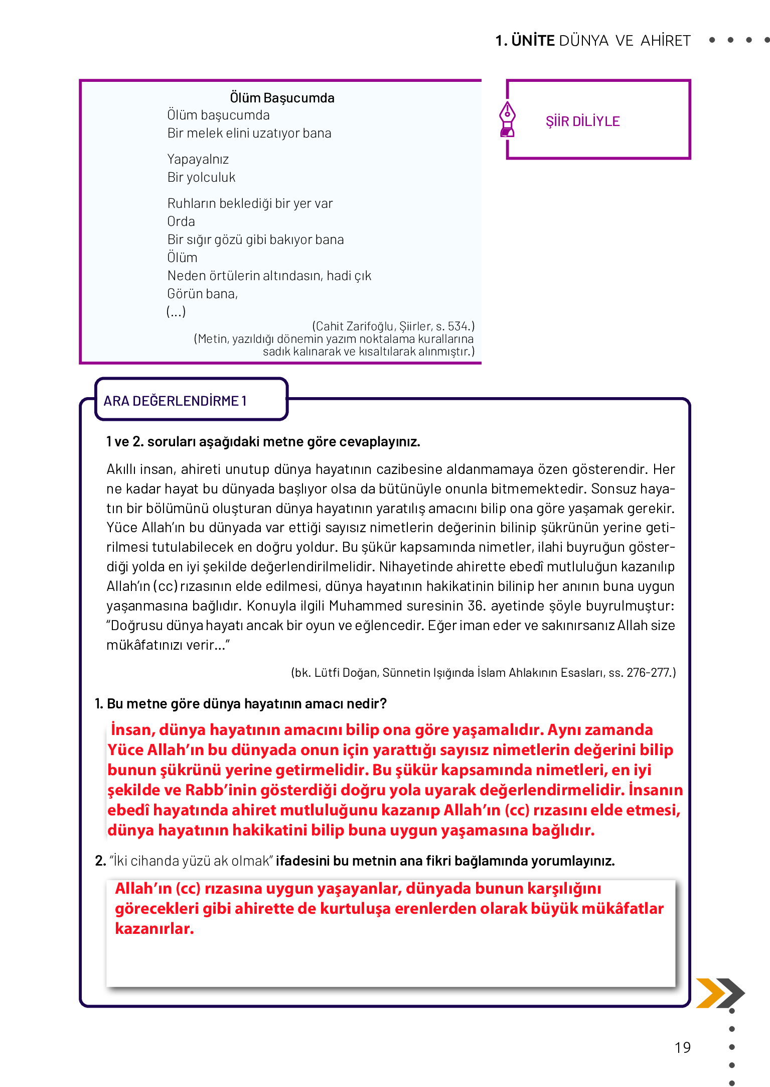 11. Sınıf Meb Yayınları Din Kültürü Ve Ahlak Bilgisi Ders Kitabı Sayfa 19 Cevapları