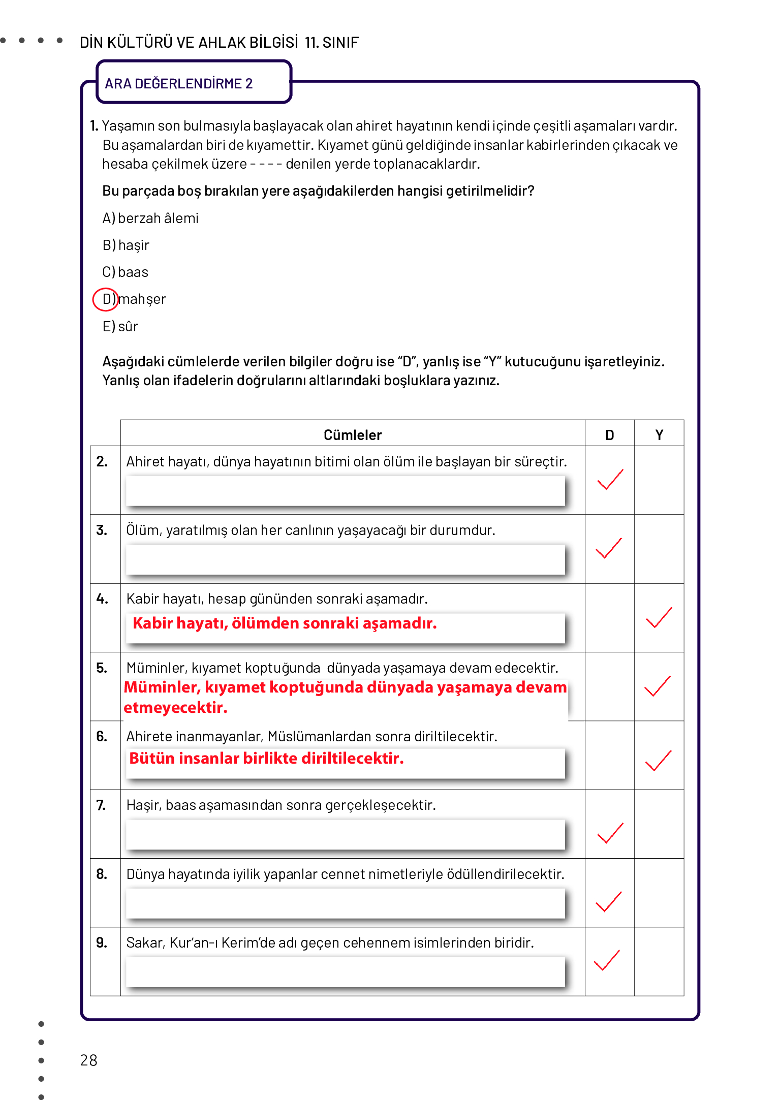 11. Sınıf Meb Yayınları Din Kültürü Ve Ahlak Bilgisi Ders Kitabı Sayfa 28 Cevapları