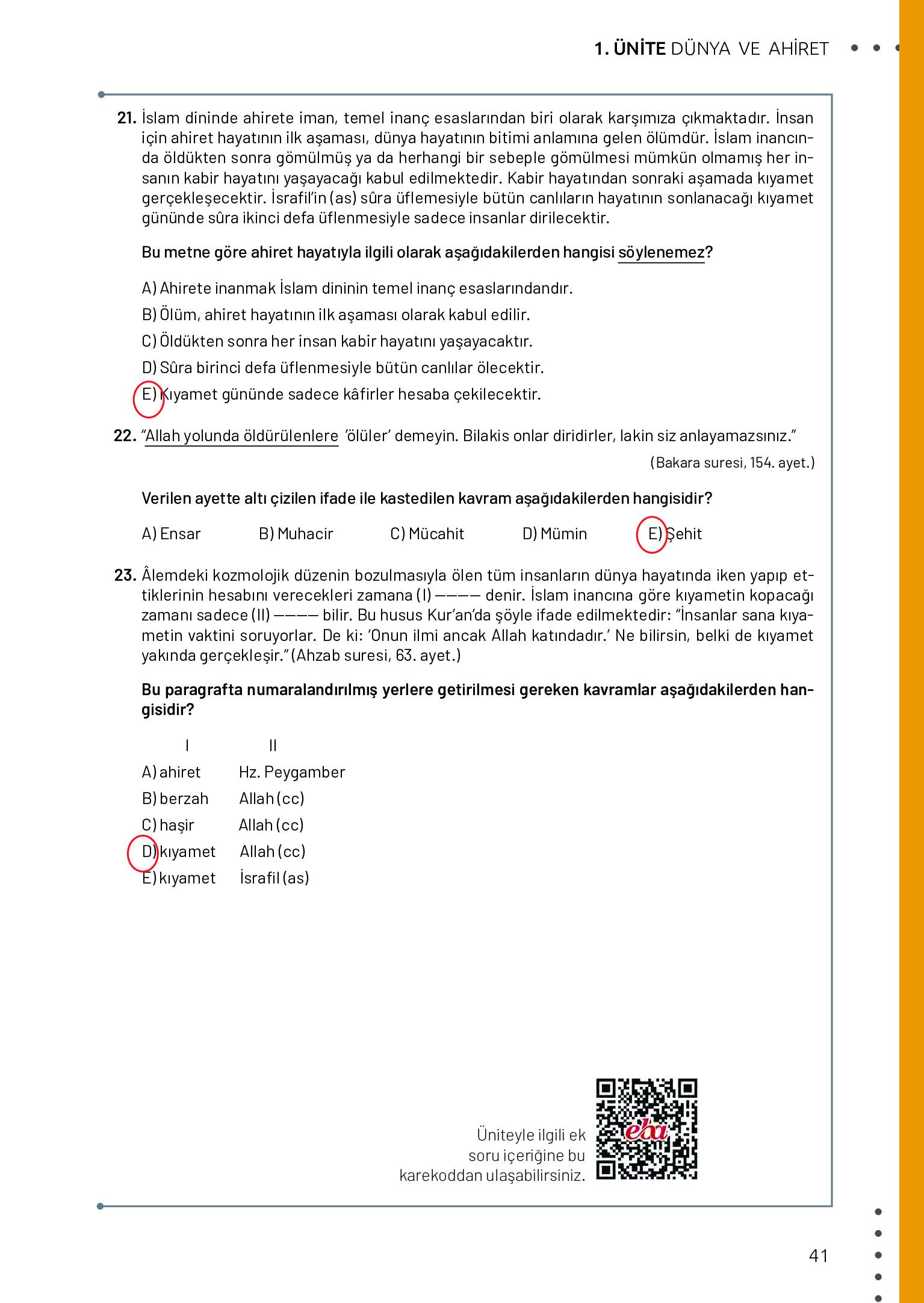 11. Sınıf Meb Yayınları Din Kültürü Ve Ahlak Bilgisi Ders Kitabı Sayfa 41 Cevapları