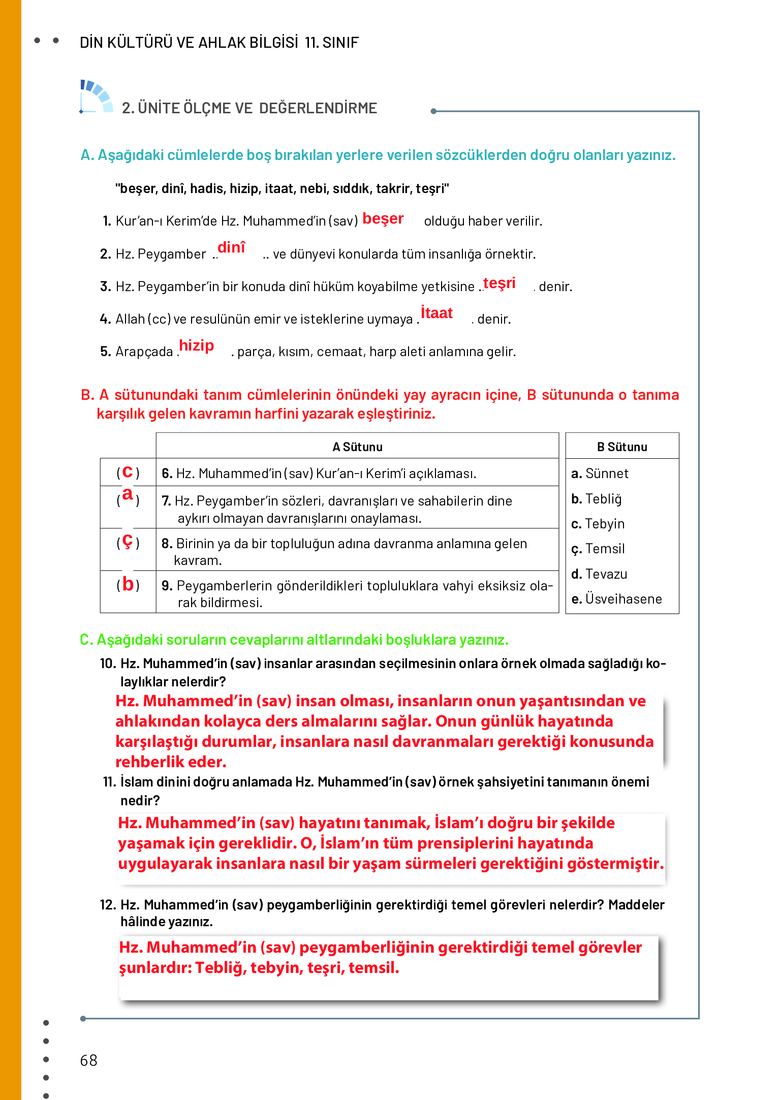 11. Sınıf Meb Yayınları Din Kültürü Ve Ahlak Bilgisi Ders Kitabı Sayfa 68 Cevapları