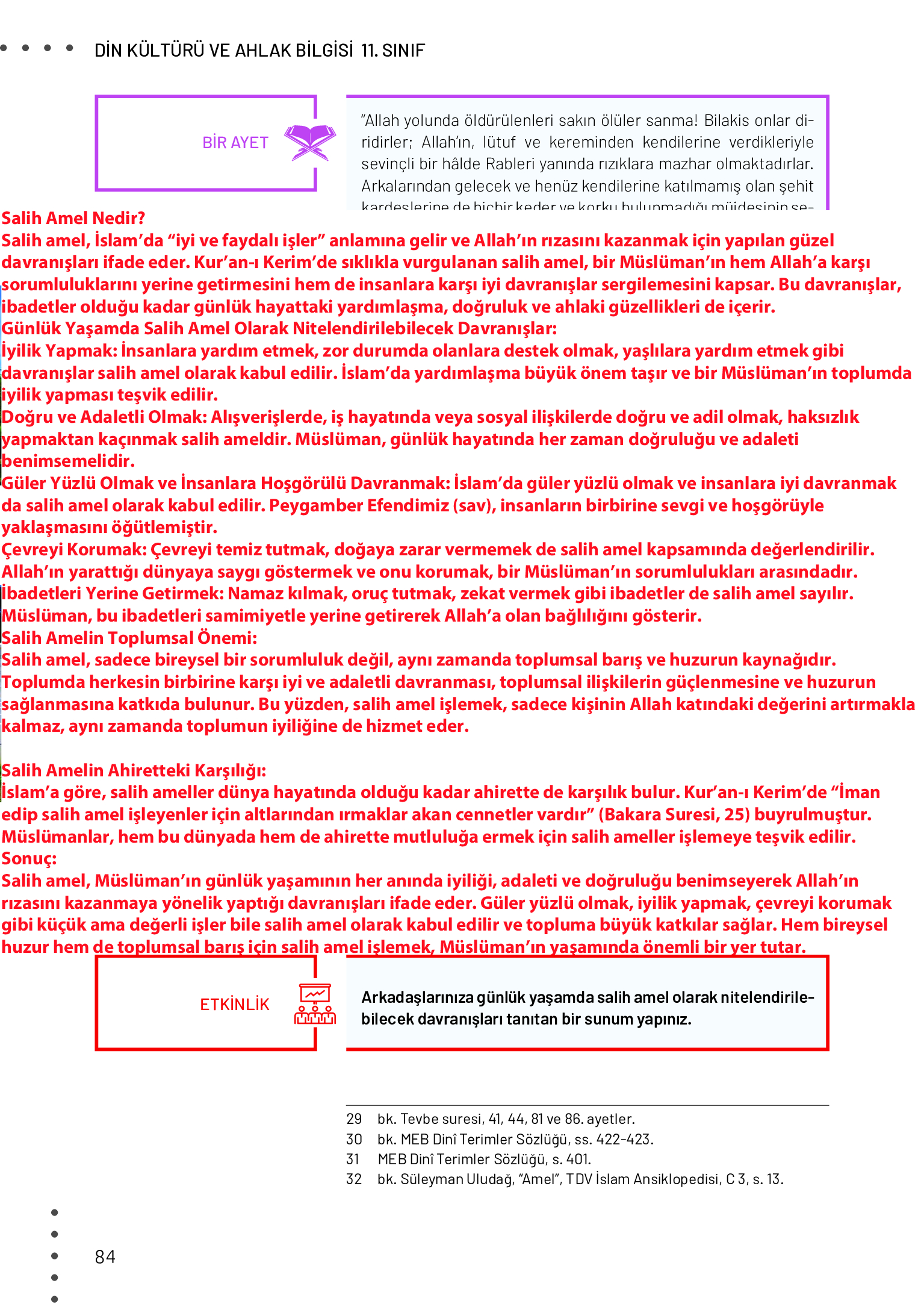 11. Sınıf Meb Yayınları Din Kültürü Ve Ahlak Bilgisi Ders Kitabı Sayfa 84 Cevapları