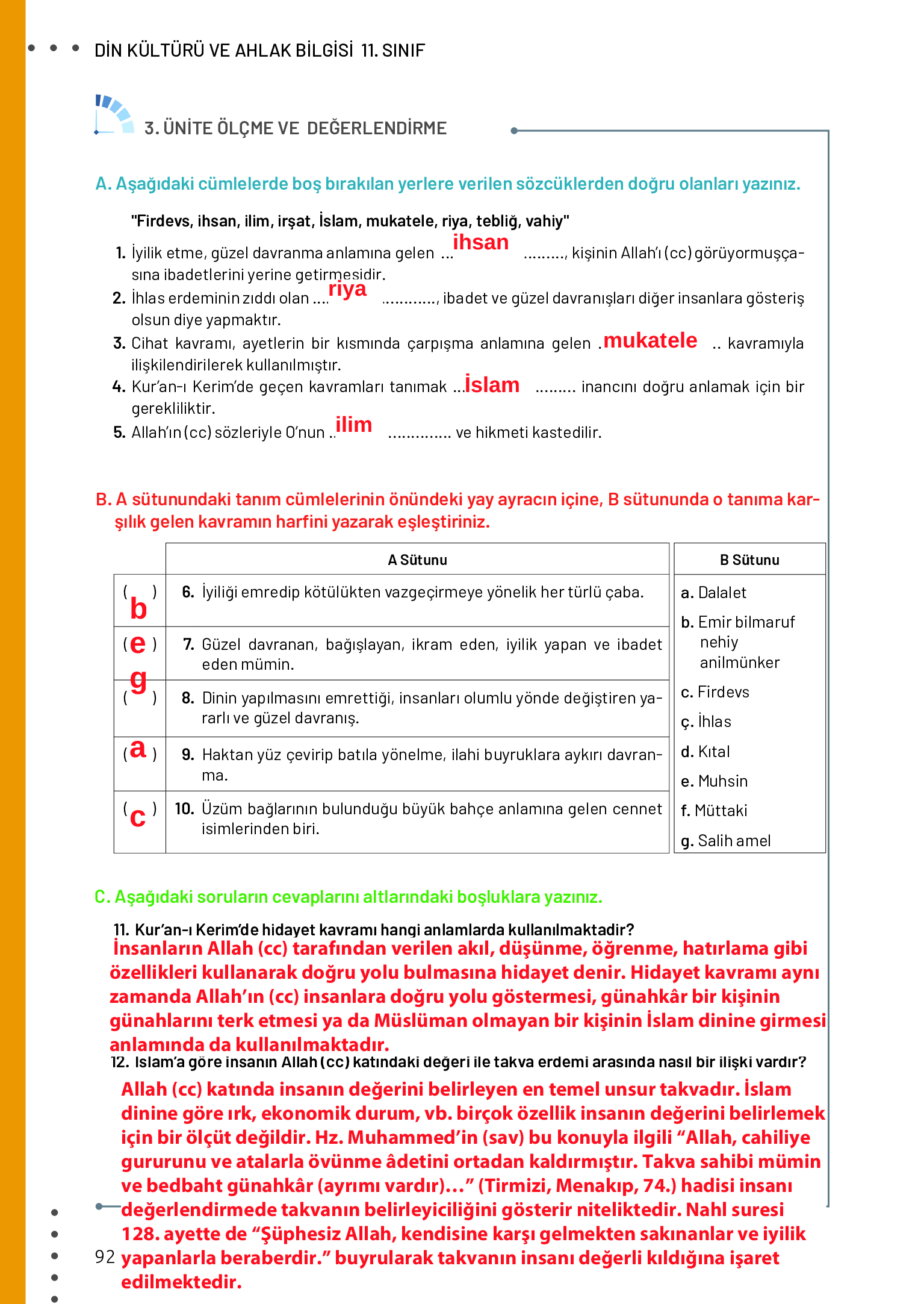 11. Sınıf Meb Yayınları Din Kültürü Ve Ahlak Bilgisi Ders Kitabı Sayfa 92 Cevapları