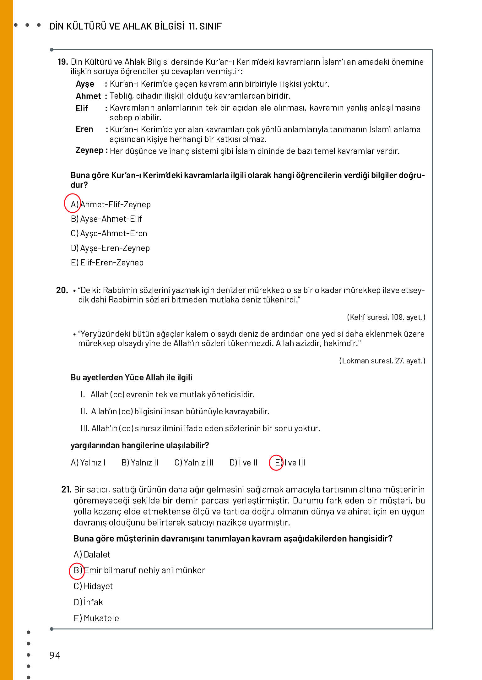 11. Sınıf Meb Yayınları Din Kültürü Ve Ahlak Bilgisi Ders Kitabı Sayfa 94 Cevapları