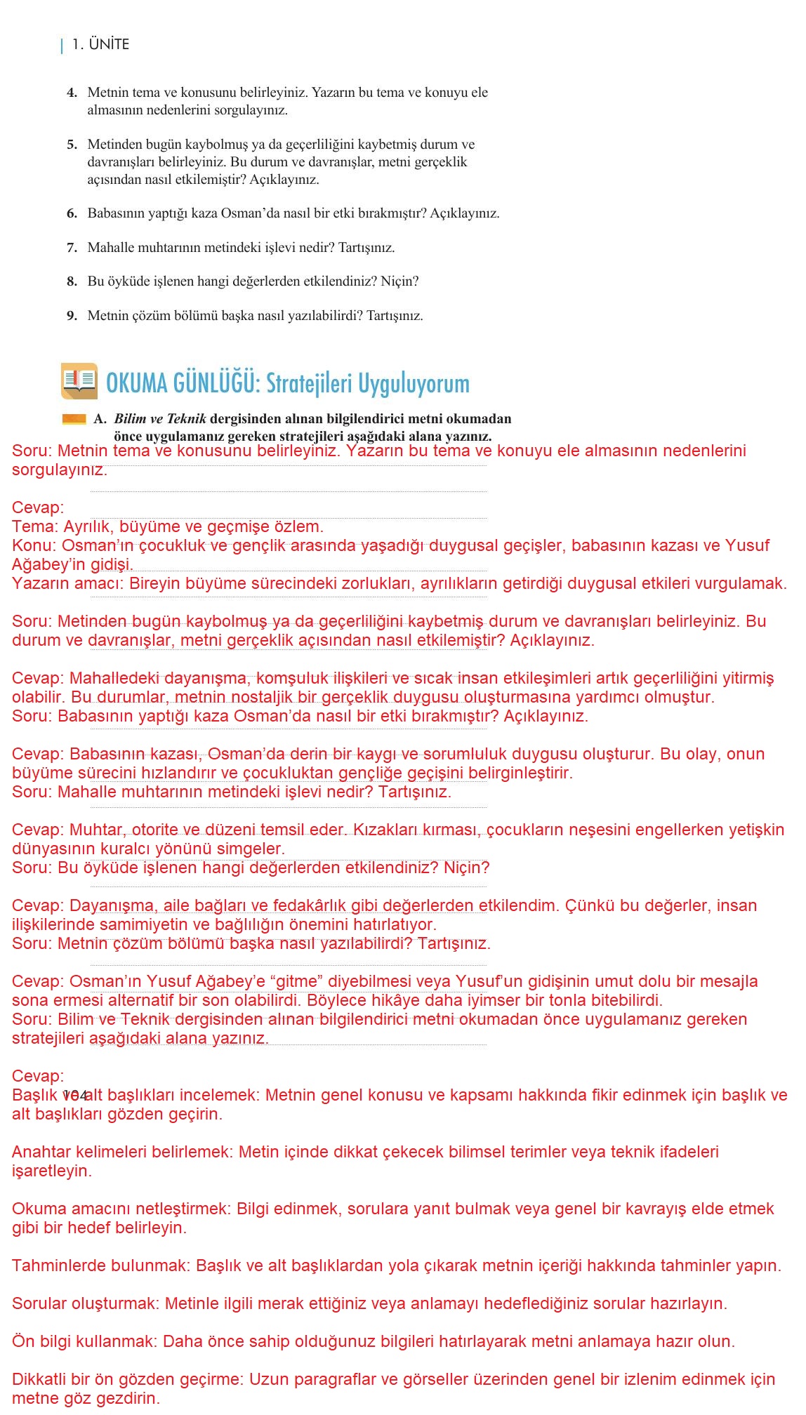 11. Sınıf Meb Yayınları Metin Tahlilleri Ders Kitabı Sayfa 104 Cevapları