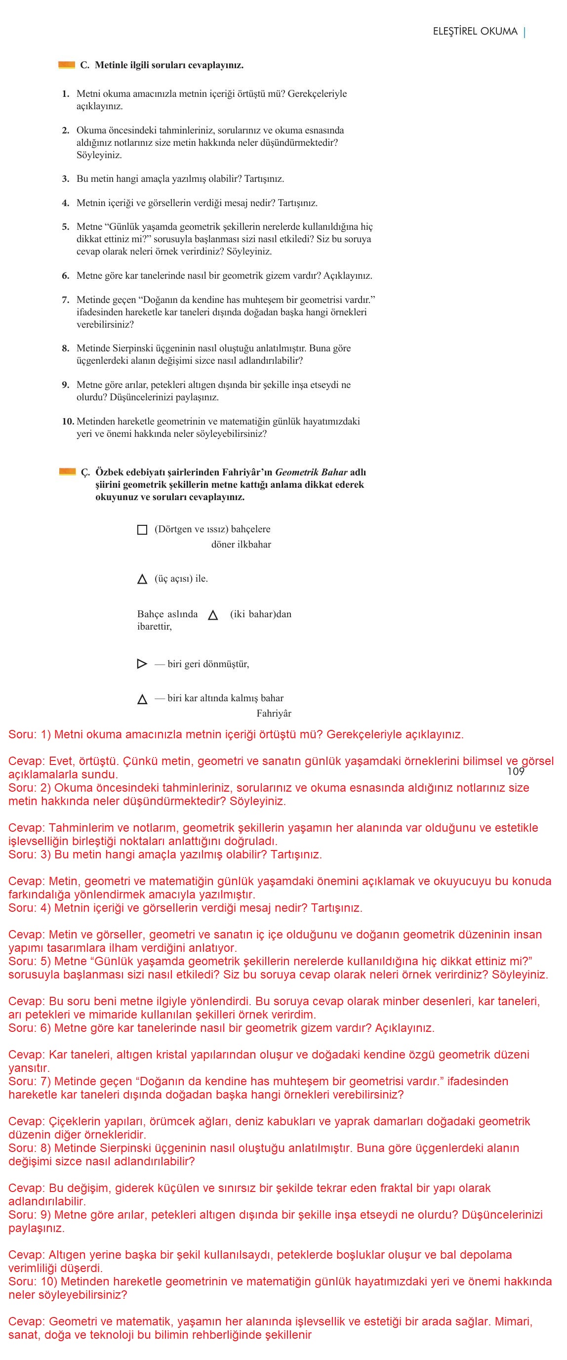 11. Sınıf Meb Yayınları Metin Tahlilleri Ders Kitabı Sayfa 109 Cevapları