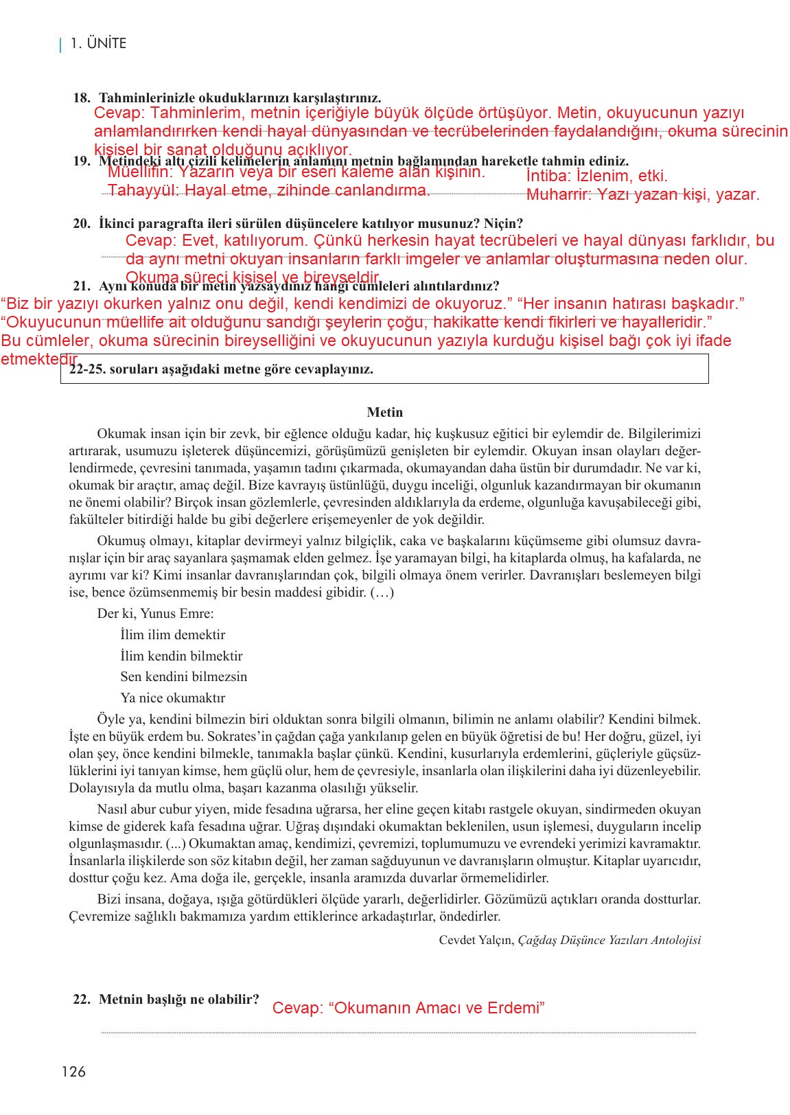 11. Sınıf Meb Yayınları Metin Tahlilleri Ders Kitabı Sayfa 126 Cevapları