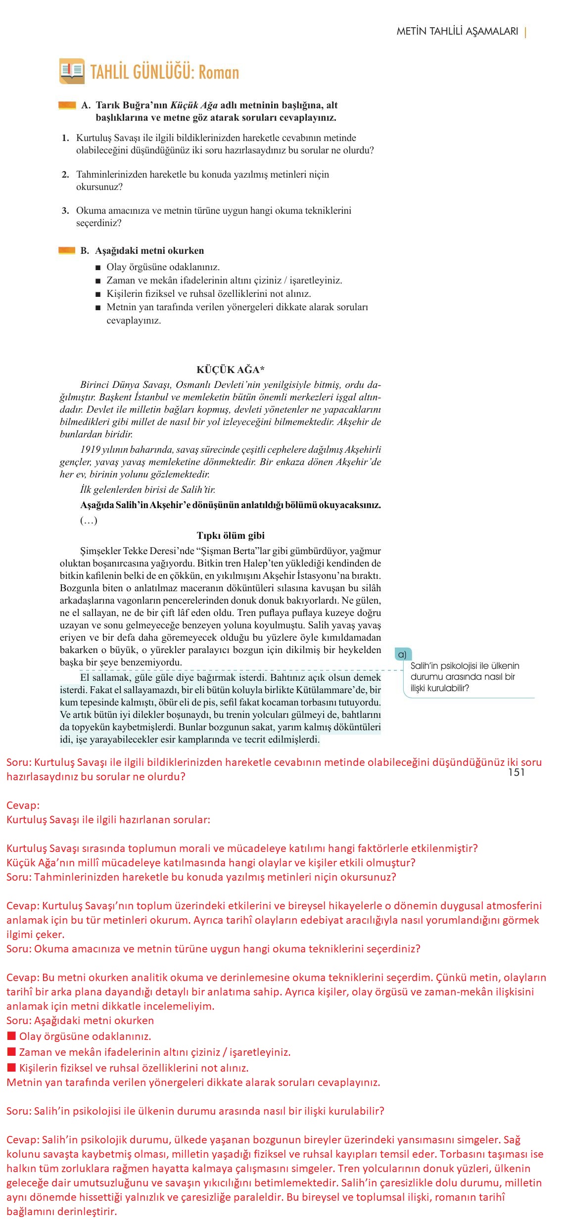 11. Sınıf Meb Yayınları Metin Tahlilleri Ders Kitabı Sayfa 151 Cevapları