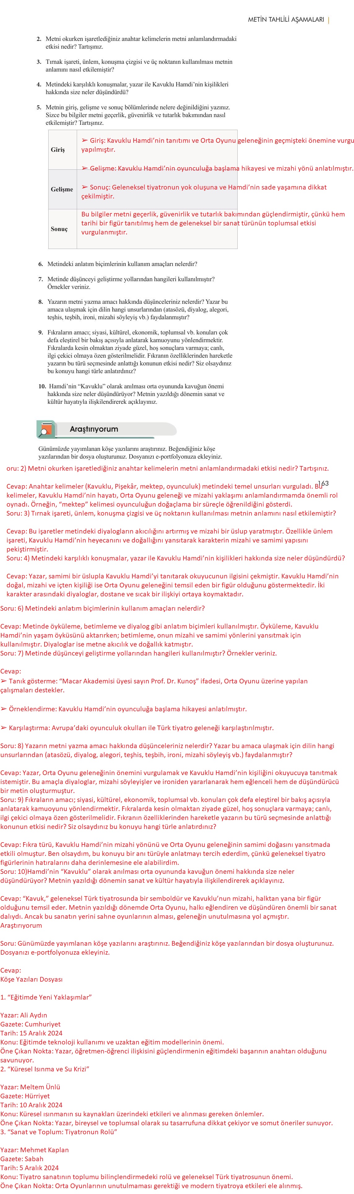 11. Sınıf Meb Yayınları Metin Tahlilleri Ders Kitabı Sayfa 163 Cevapları