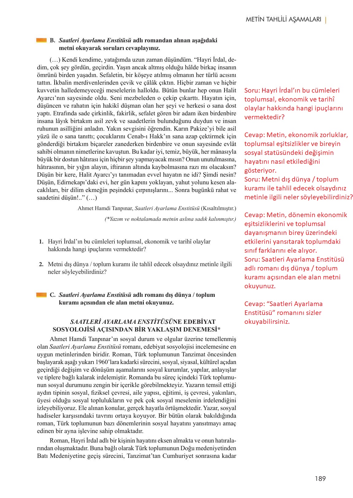 11. Sınıf Meb Yayınları Metin Tahlilleri Ders Kitabı Sayfa 189 Cevapları
