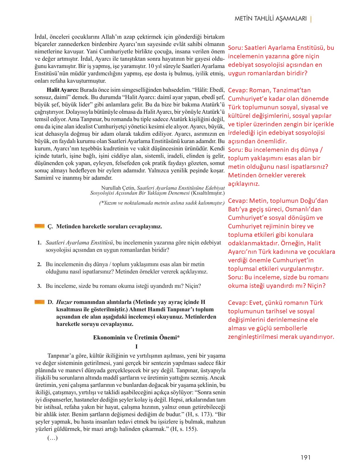 11. Sınıf Meb Yayınları Metin Tahlilleri Ders Kitabı Sayfa 191 Cevapları