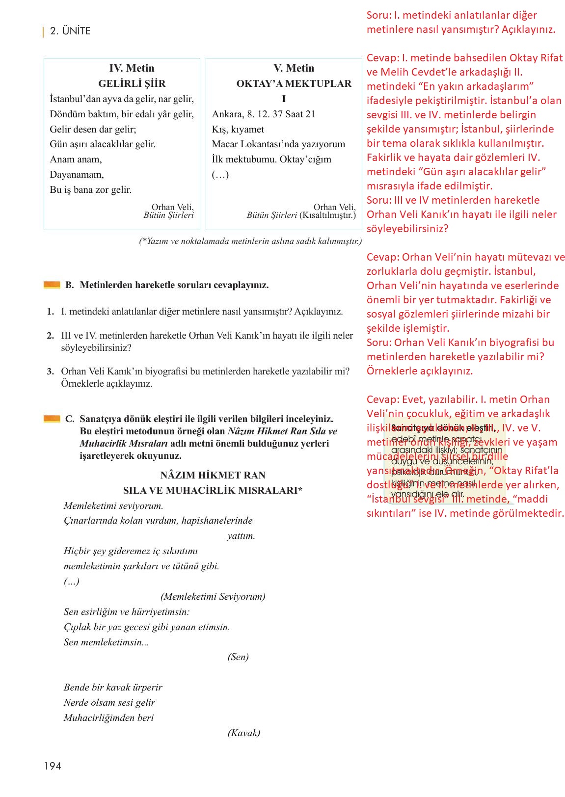 11. Sınıf Meb Yayınları Metin Tahlilleri Ders Kitabı Sayfa 194 Cevapları