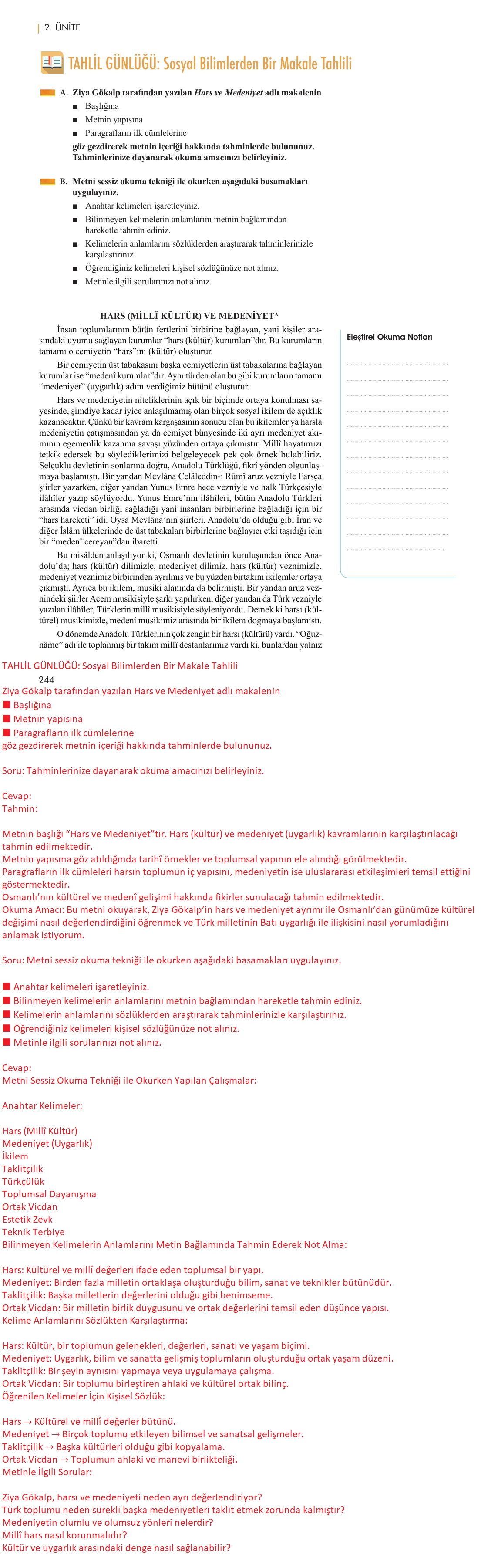 11. Sınıf Meb Yayınları Metin Tahlilleri Ders Kitabı Sayfa 244 Cevapları