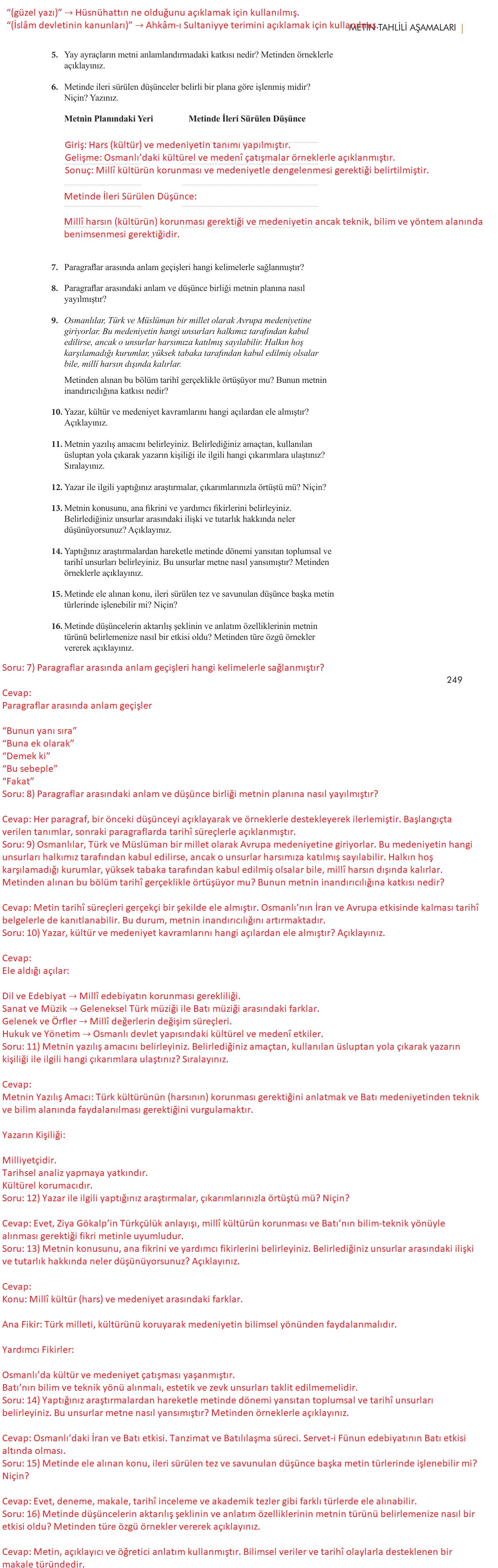 11. Sınıf Meb Yayınları Metin Tahlilleri Ders Kitabı Sayfa 249 Cevapları