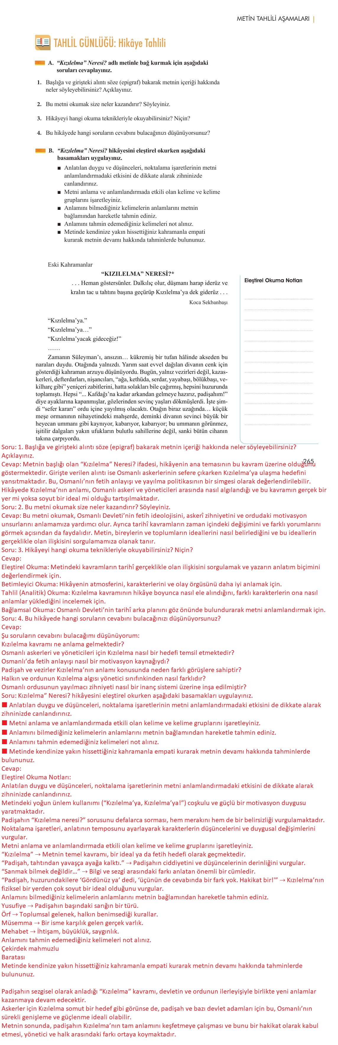 11. Sınıf Meb Yayınları Metin Tahlilleri Ders Kitabı Sayfa 265 Cevapları