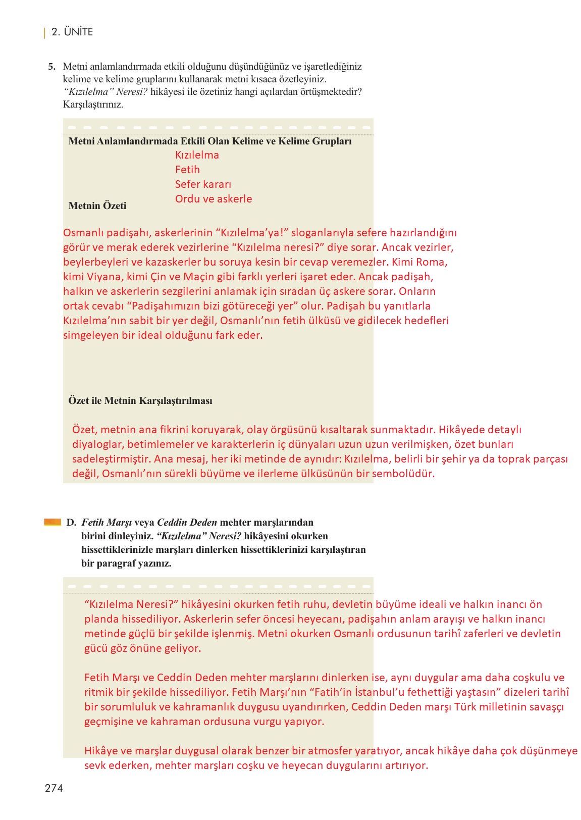 11. Sınıf Meb Yayınları Metin Tahlilleri Ders Kitabı Sayfa 274 Cevapları