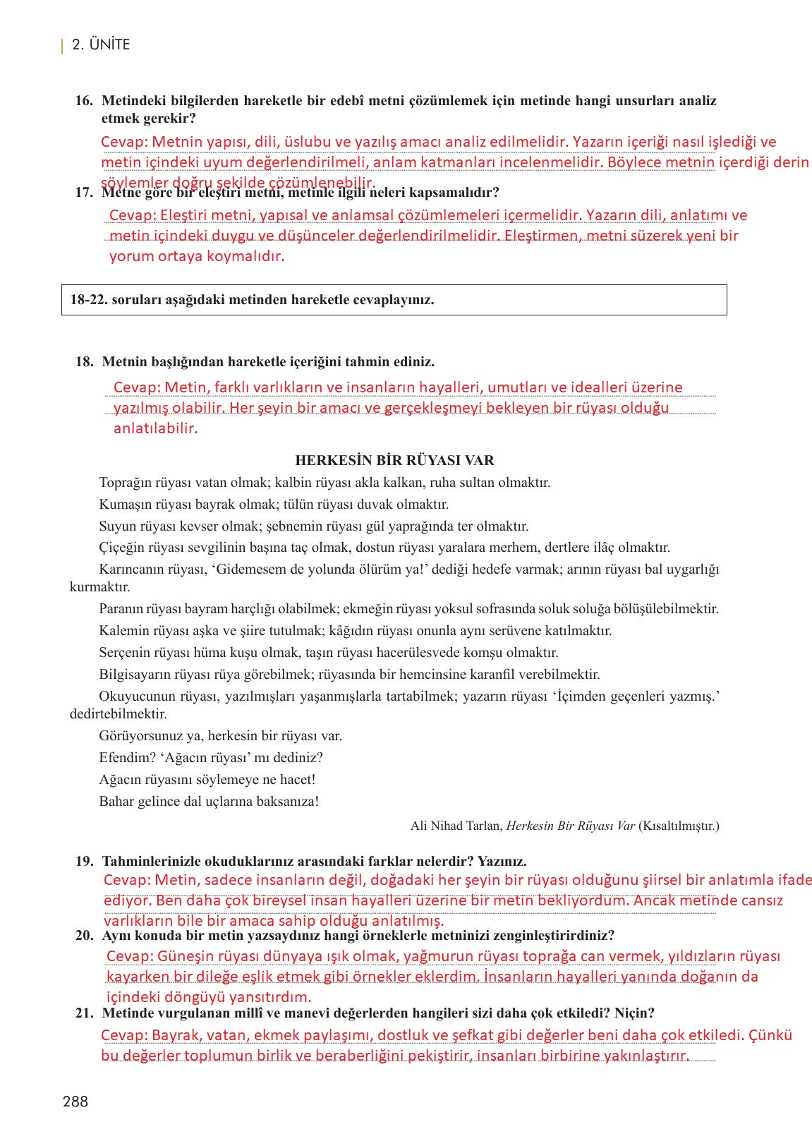 11. Sınıf Meb Yayınları Metin Tahlilleri Ders Kitabı Sayfa 288 Cevapları
