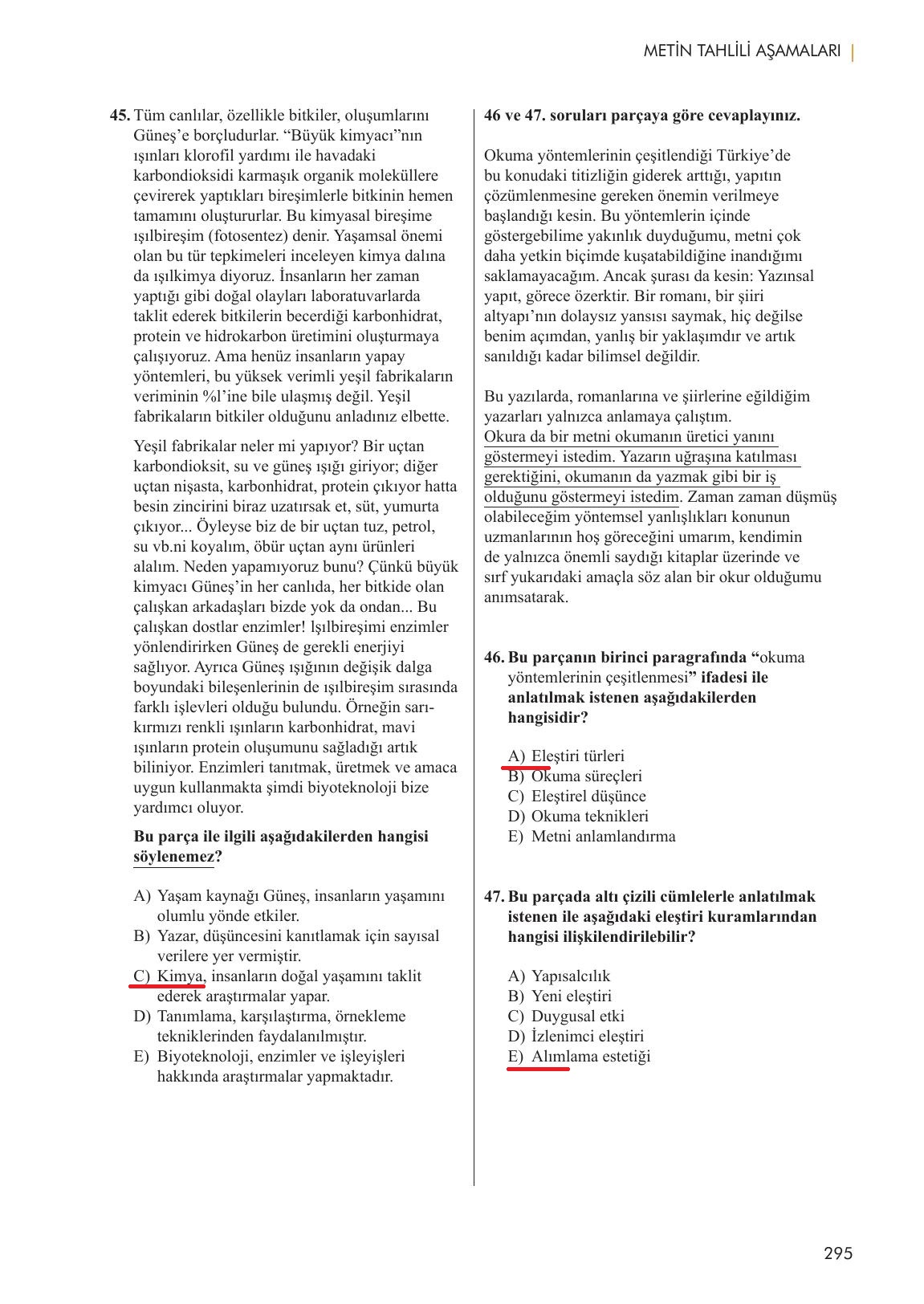 11. Sınıf Meb Yayınları Metin Tahlilleri Ders Kitabı Sayfa 295 Cevapları