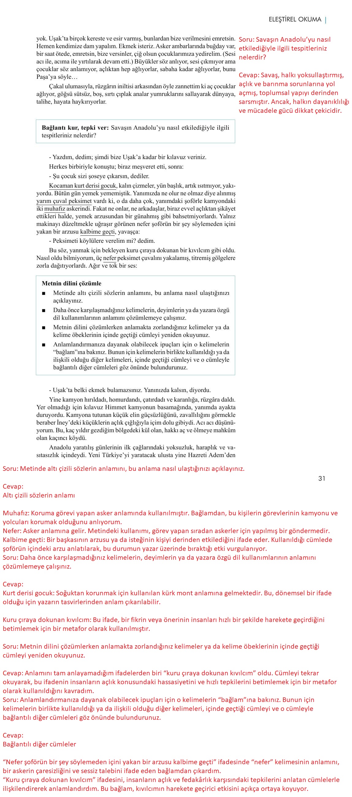 11. Sınıf Meb Yayınları Metin Tahlilleri Ders Kitabı Sayfa 31 Cevapları