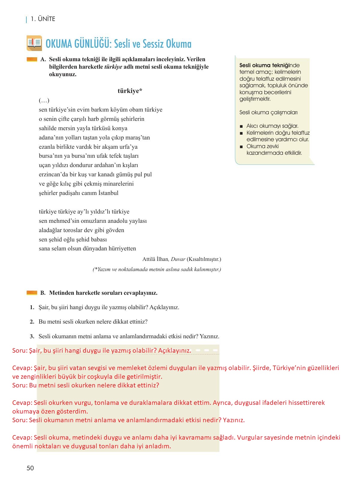 11. Sınıf Meb Yayınları Metin Tahlilleri Ders Kitabı Sayfa 50 Cevapları