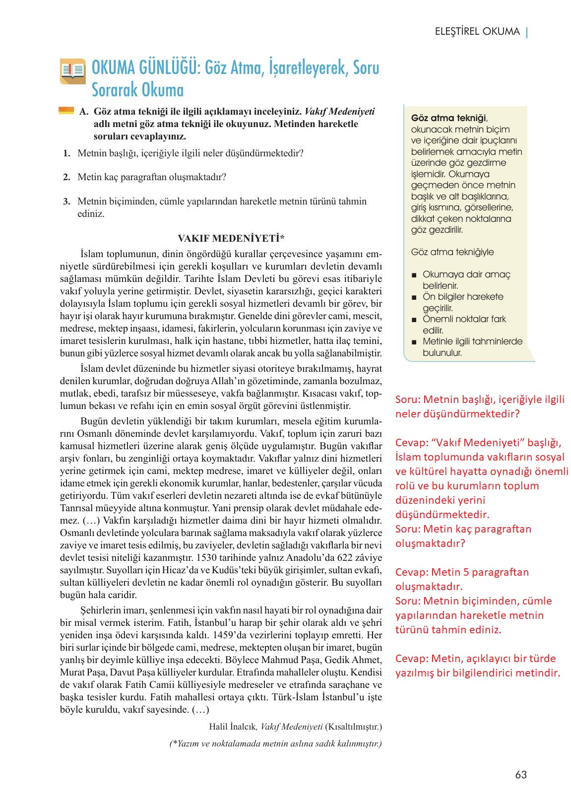 11. Sınıf Meb Yayınları Metin Tahlilleri Ders Kitabı Sayfa 63 Cevapları