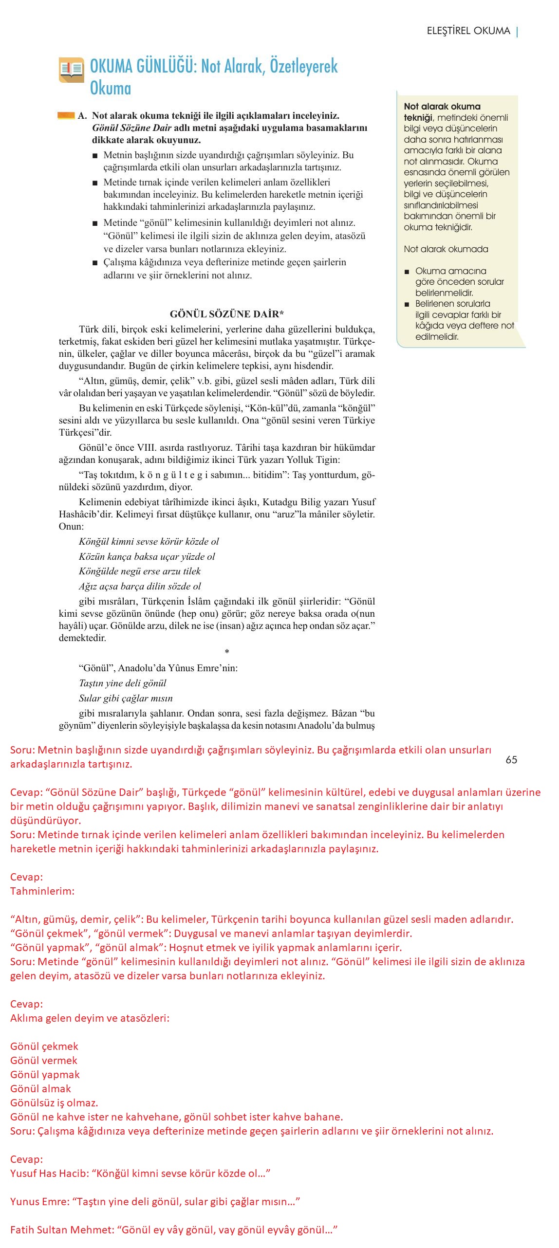 11. Sınıf Meb Yayınları Metin Tahlilleri Ders Kitabı Sayfa 65 Cevapları