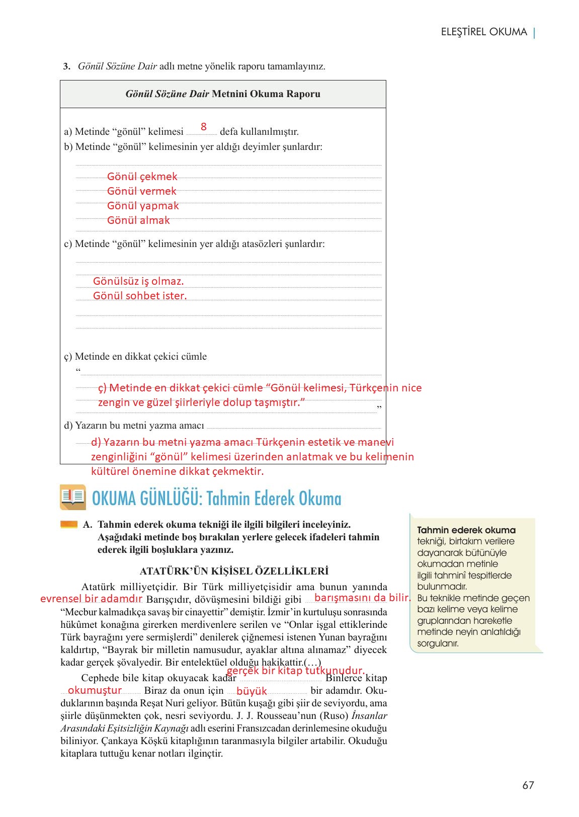 11. Sınıf Meb Yayınları Metin Tahlilleri Ders Kitabı Sayfa 67 Cevapları