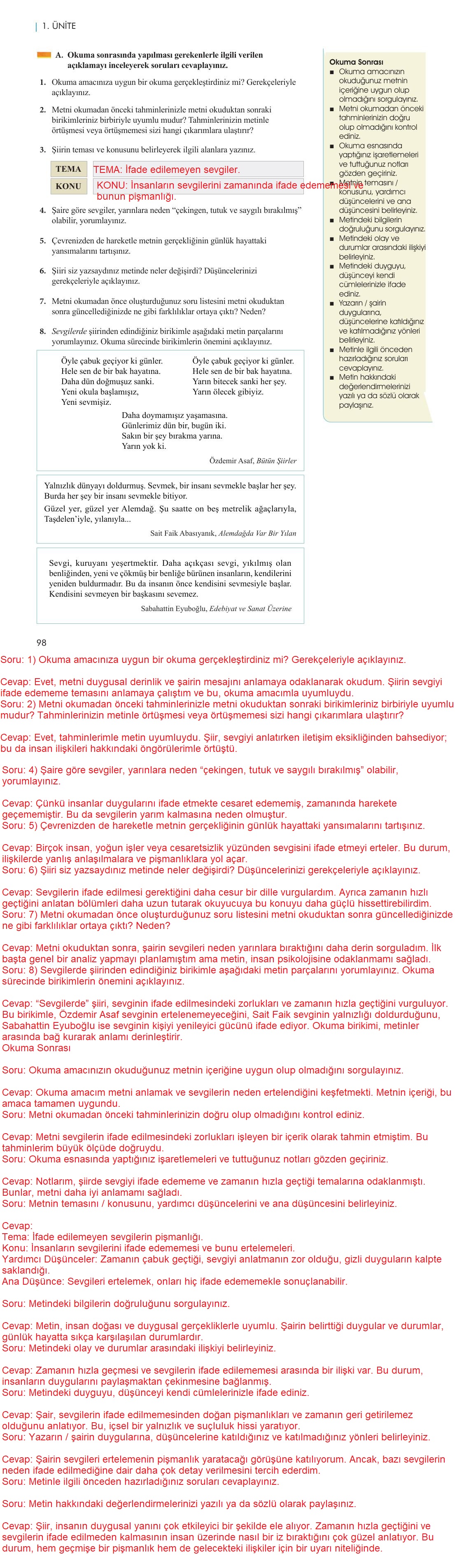 11. Sınıf Meb Yayınları Metin Tahlilleri Ders Kitabı Sayfa 98 Cevapları